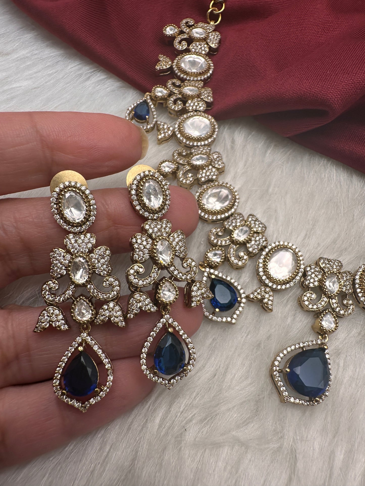 Moissanite  Victorian Color Stone CZ Neckline Necklace - Blue