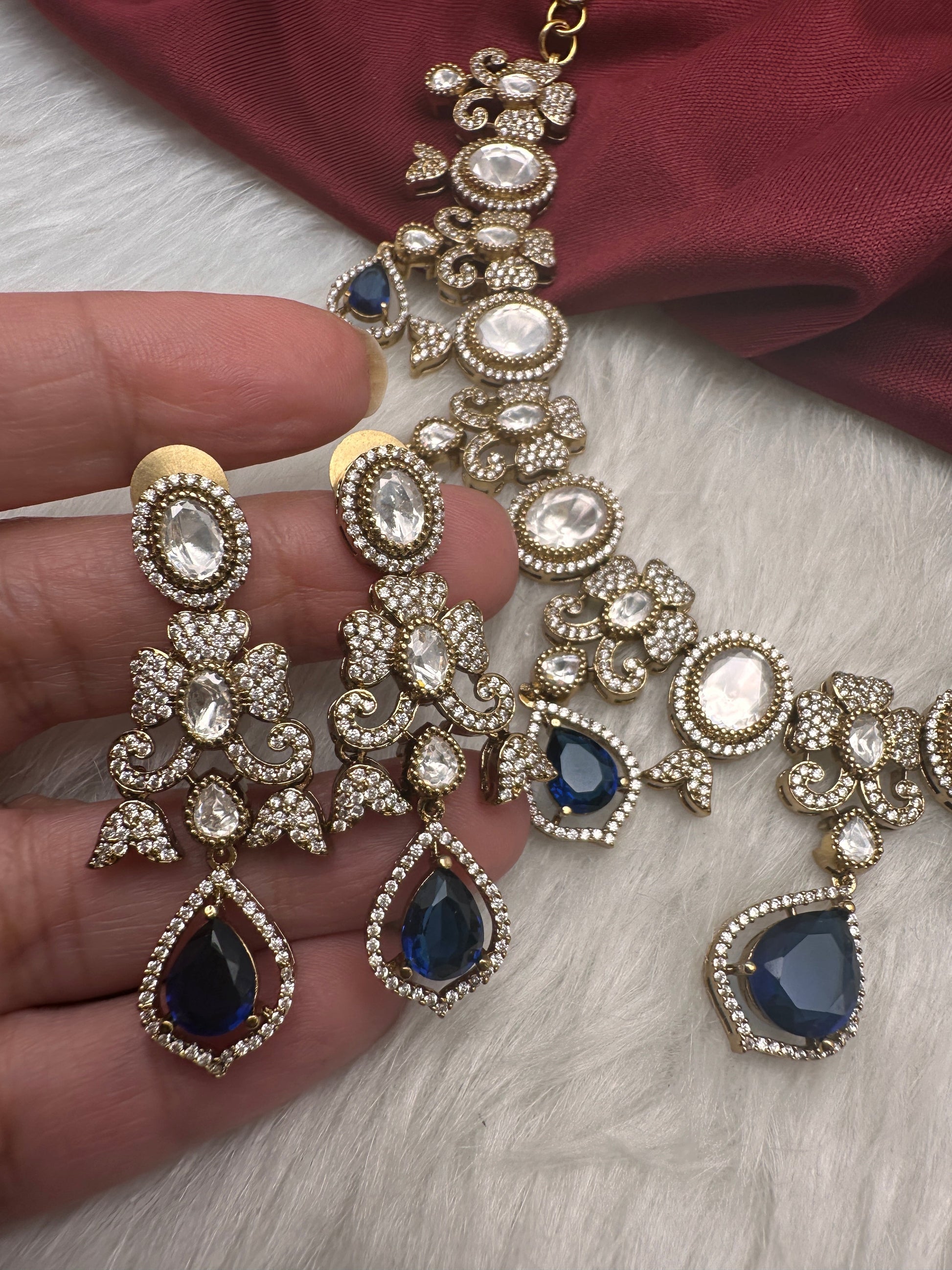 Moissanite  Victorian Color Stone CZ Neckline Necklace - Blue
