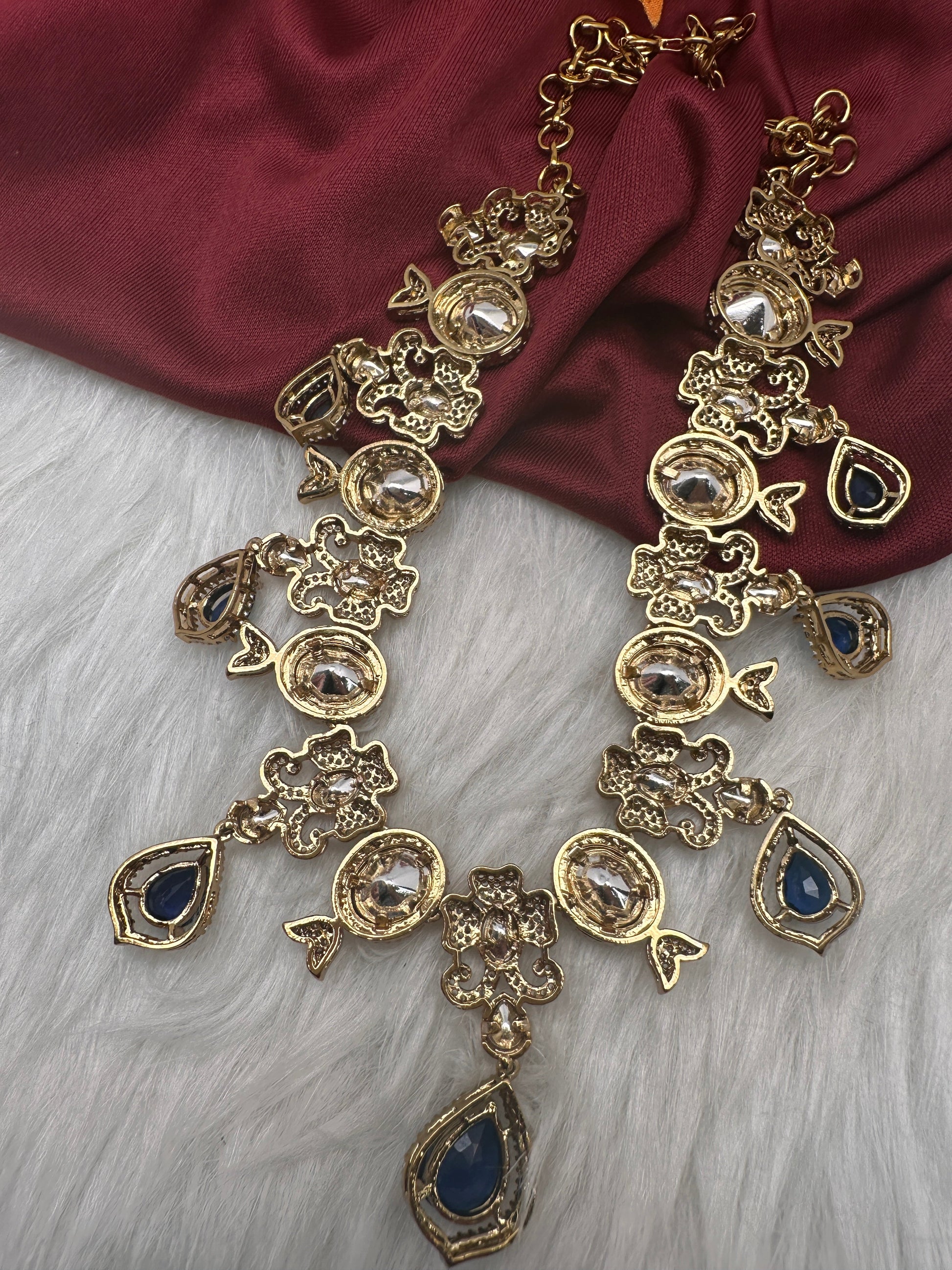 Moissanite  Victorian Color Stone CZ Neckline Necklace - Blue