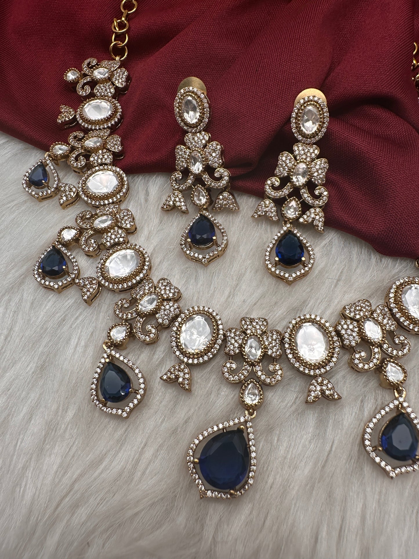 Moissanite  Victorian Color Stone CZ Neckline Necklace - Blue