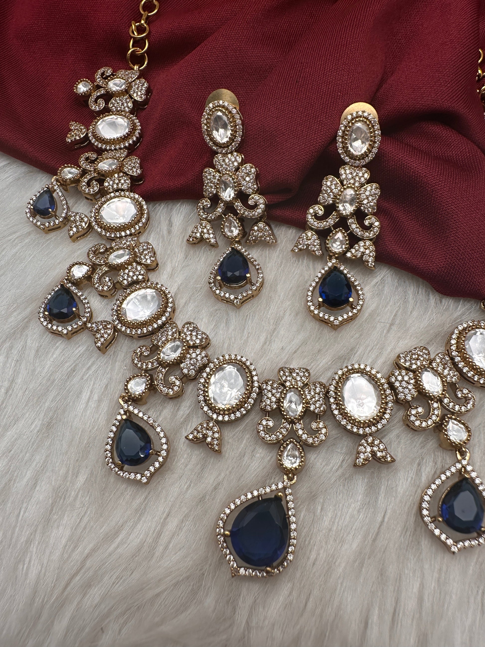 Moissanite  Victorian Color Stone CZ Neckline Necklace - Blue