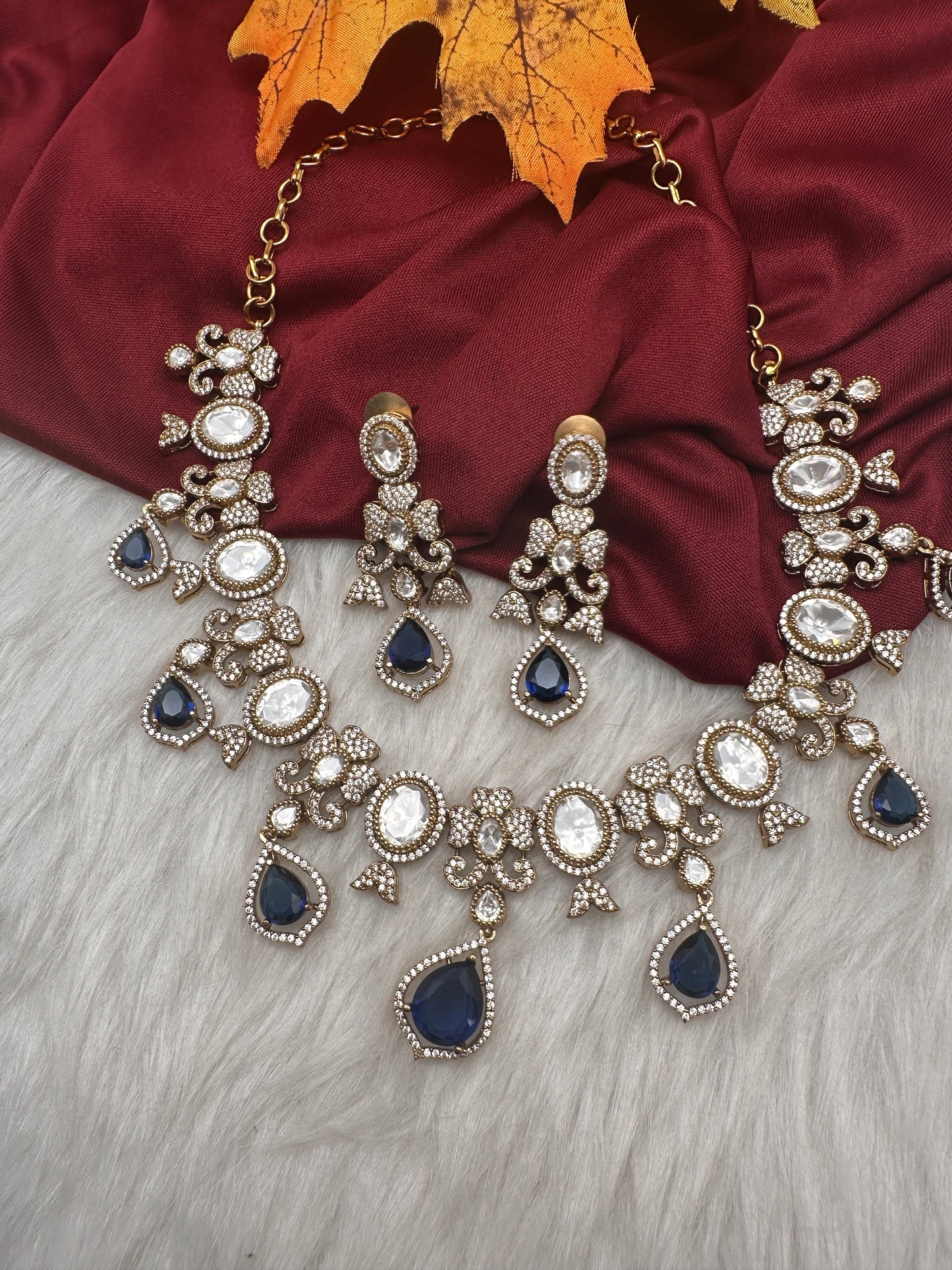 Moissanite  Victorian Color Stone CZ Neckline Necklace - Blue