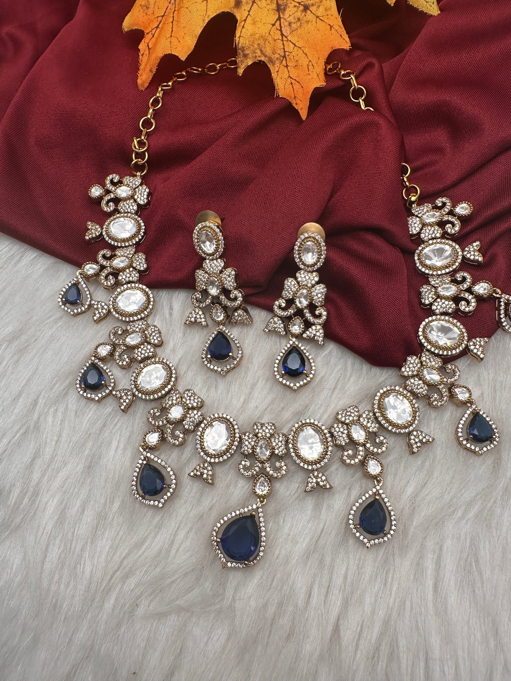 Moissanite  Victorian Color Stone CZ Neckline Necklace - Blue
