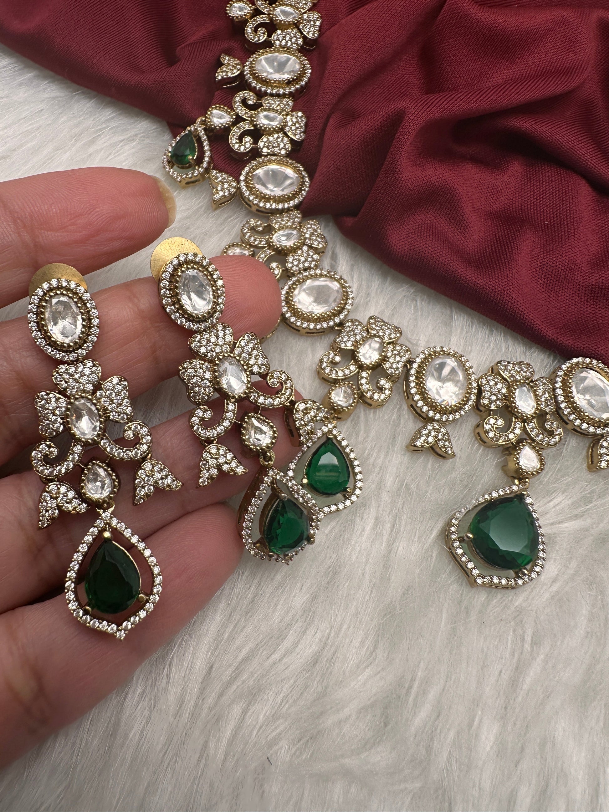 Moissanite  Victorian Color Stone CZ Neckline Necklace - Green
