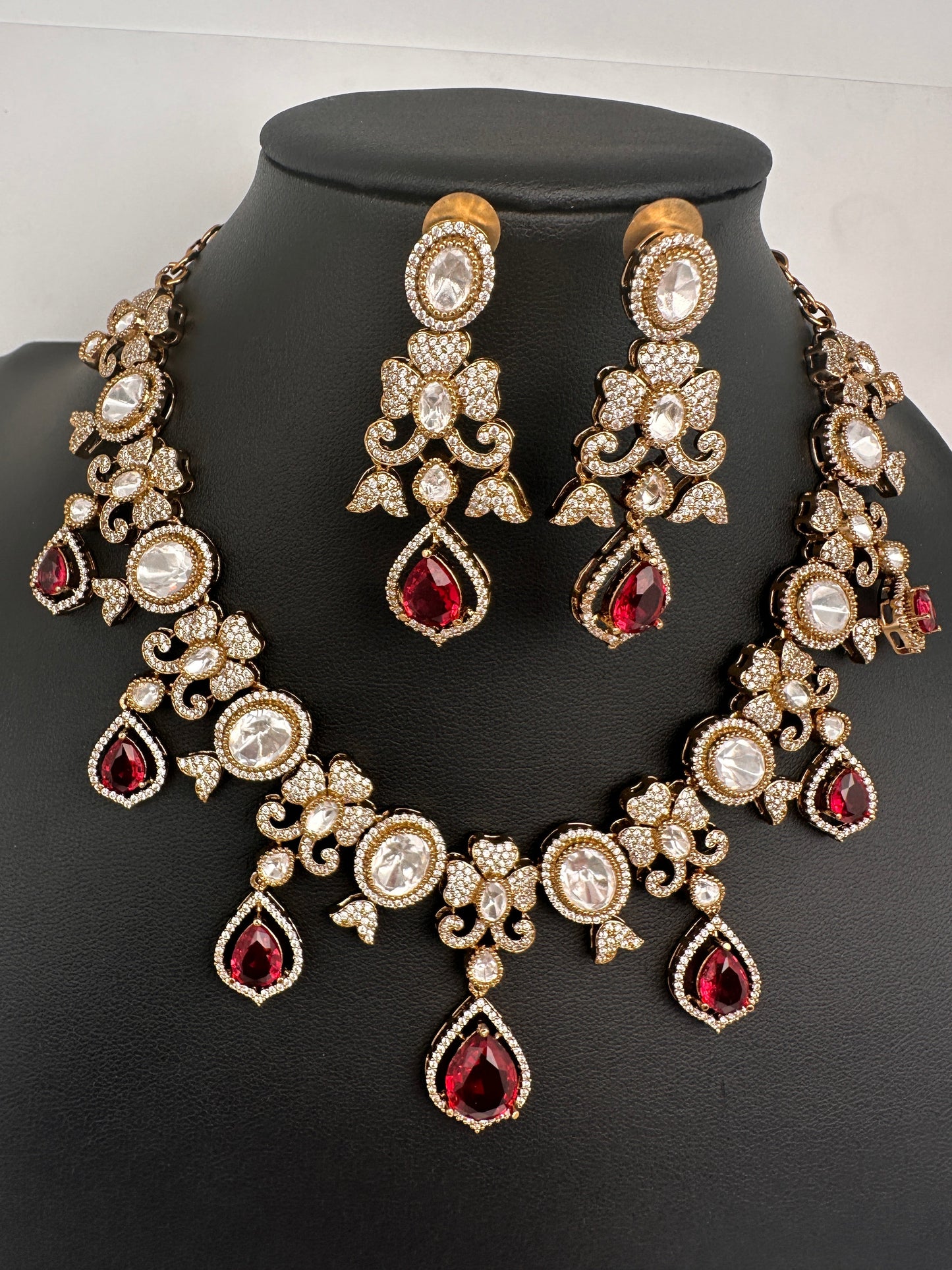 Moissanite  Victorian Color Stone CZ Neckline Necklace - Red