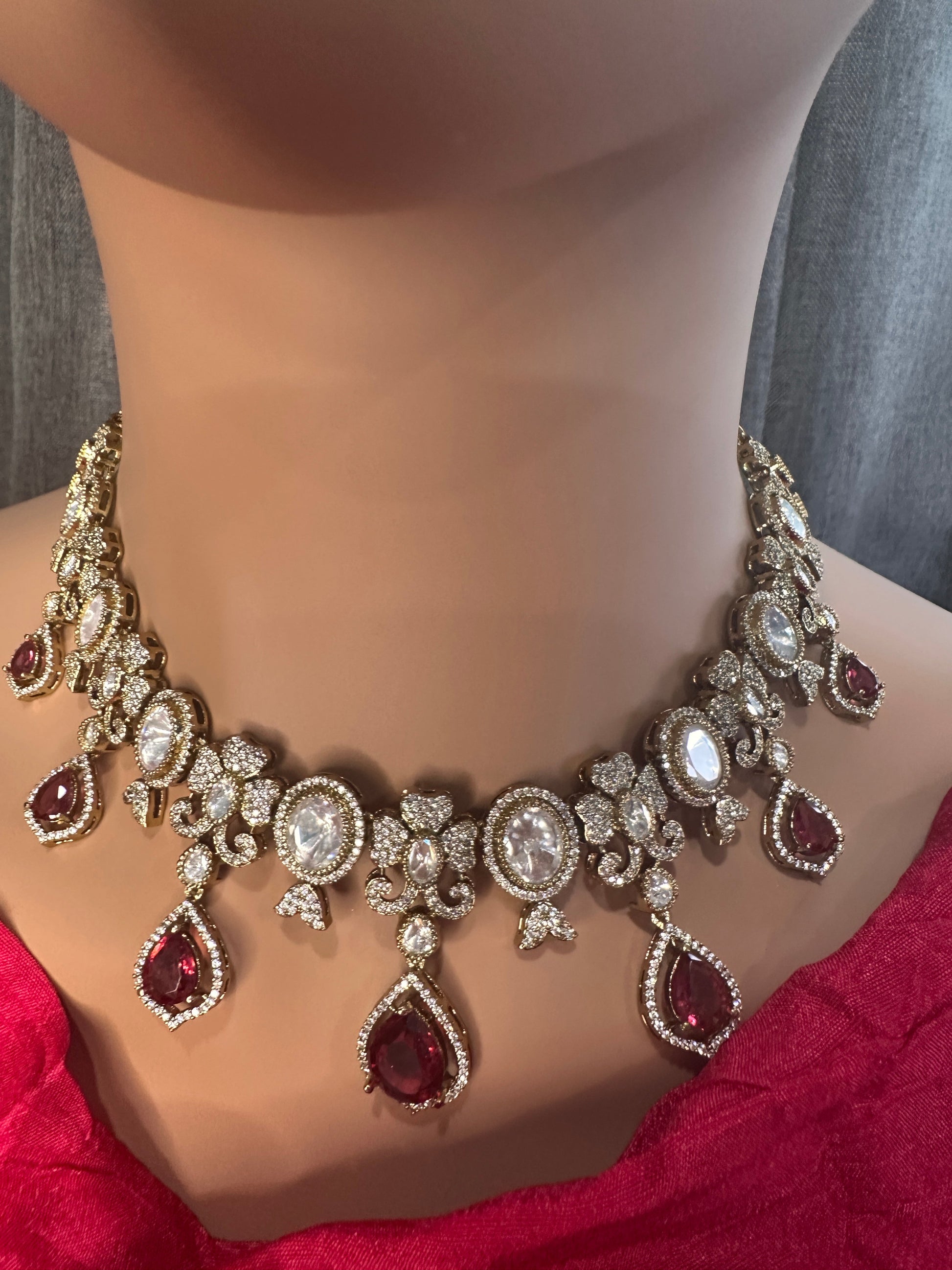 Moissanite  Victorian Color Stone CZ Neckline Necklace - Red