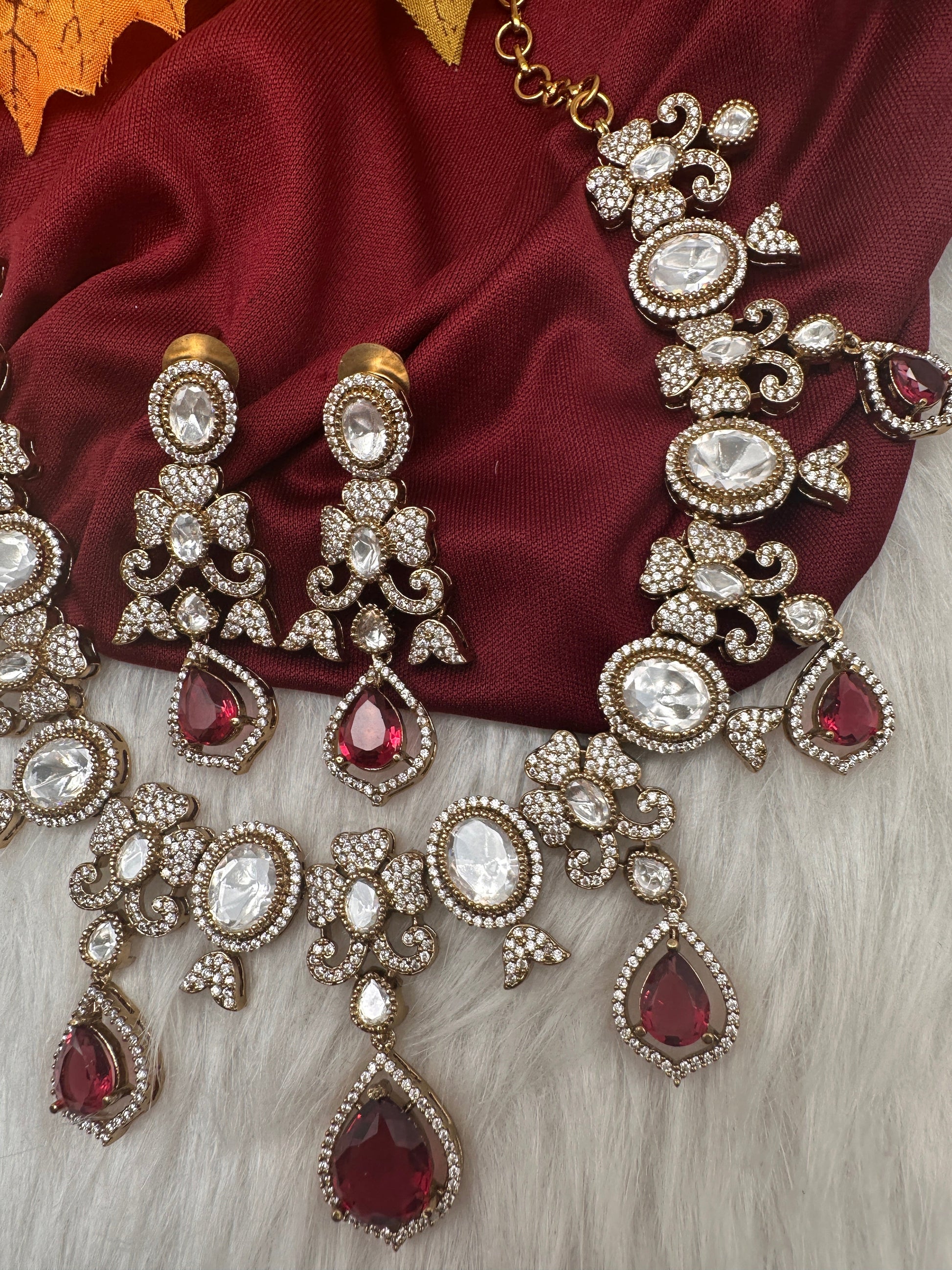 Moissanite  Victorian Color Stone CZ Neckline Necklace - Red