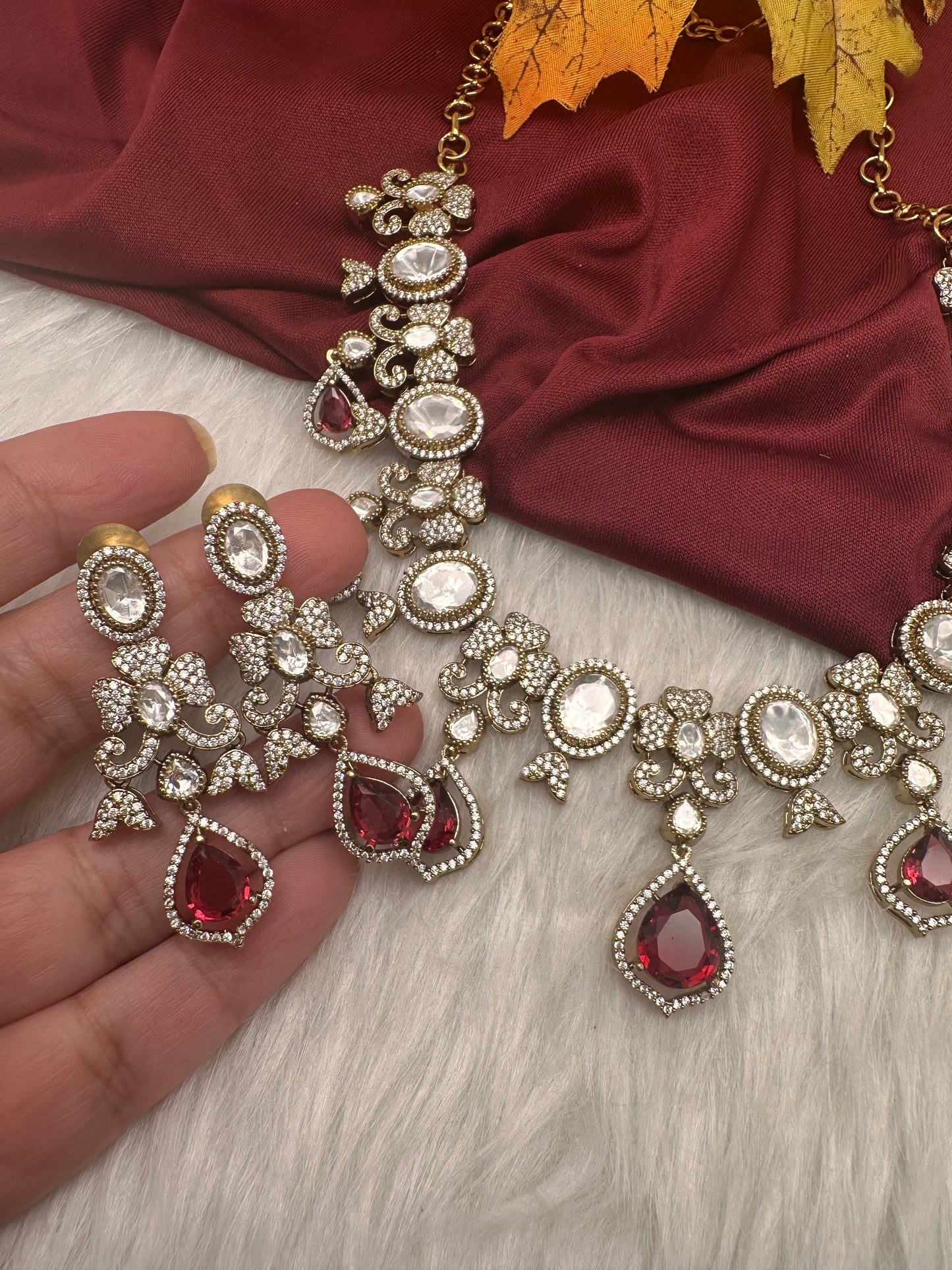 Moissanite  Victorian Color Stone CZ Neckline Necklace - Red