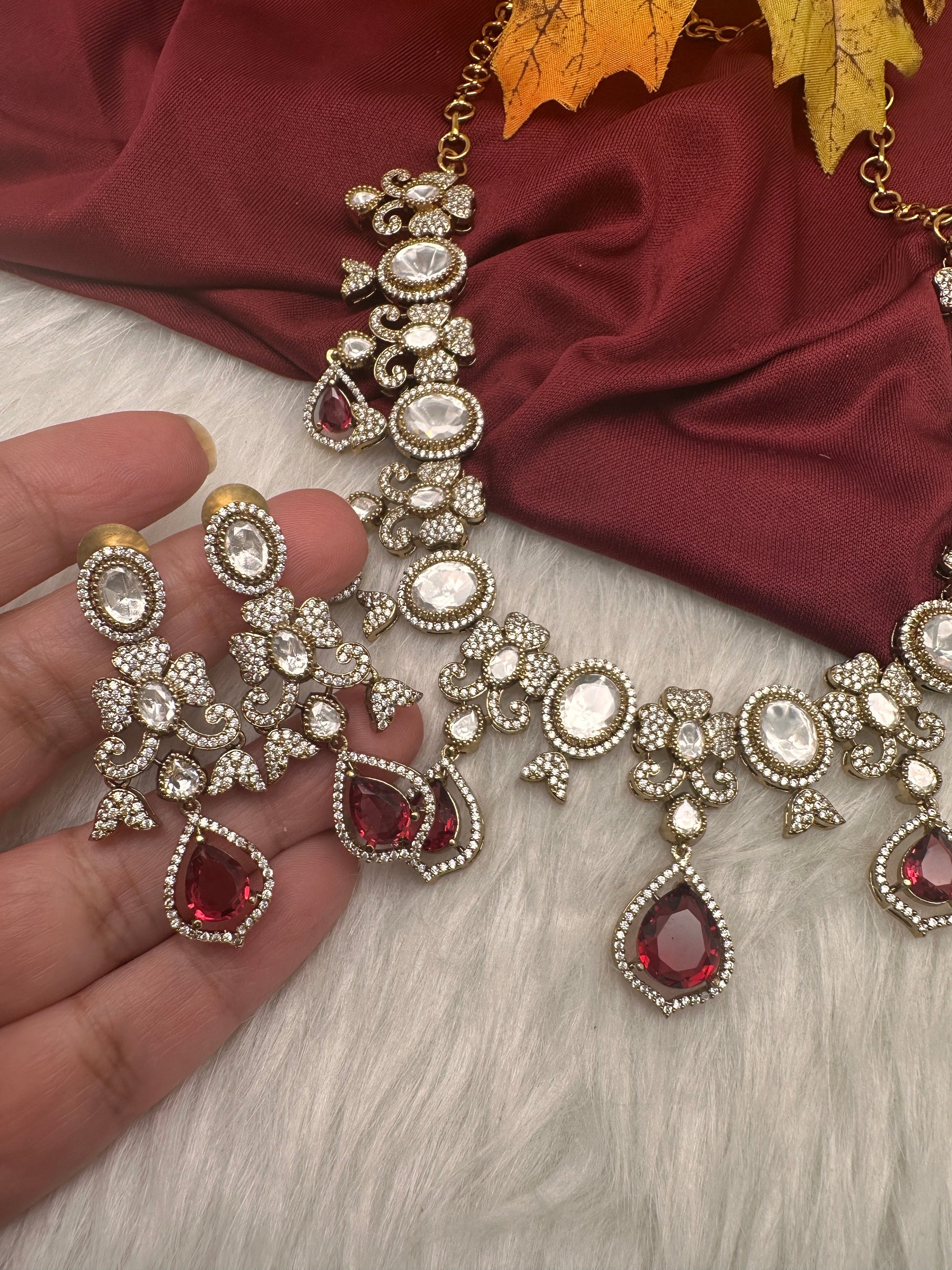 Moissanite  Victorian Color Stone CZ Neckline Necklace - Red