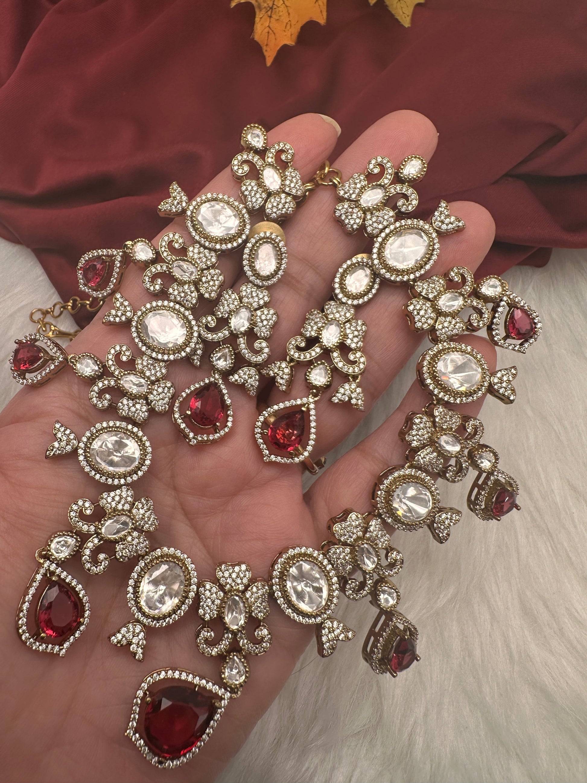 Moissanite  Victorian Color Stone CZ Neckline Necklace - Red