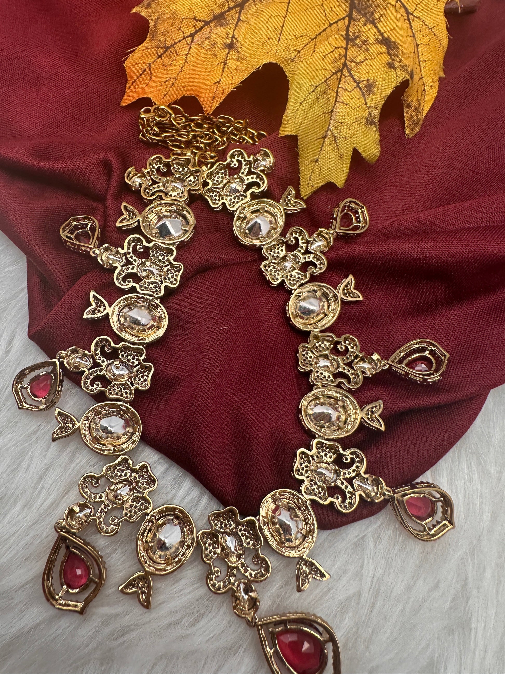 Moissanite  Victorian Color Stone CZ Neckline Necklace - Red
