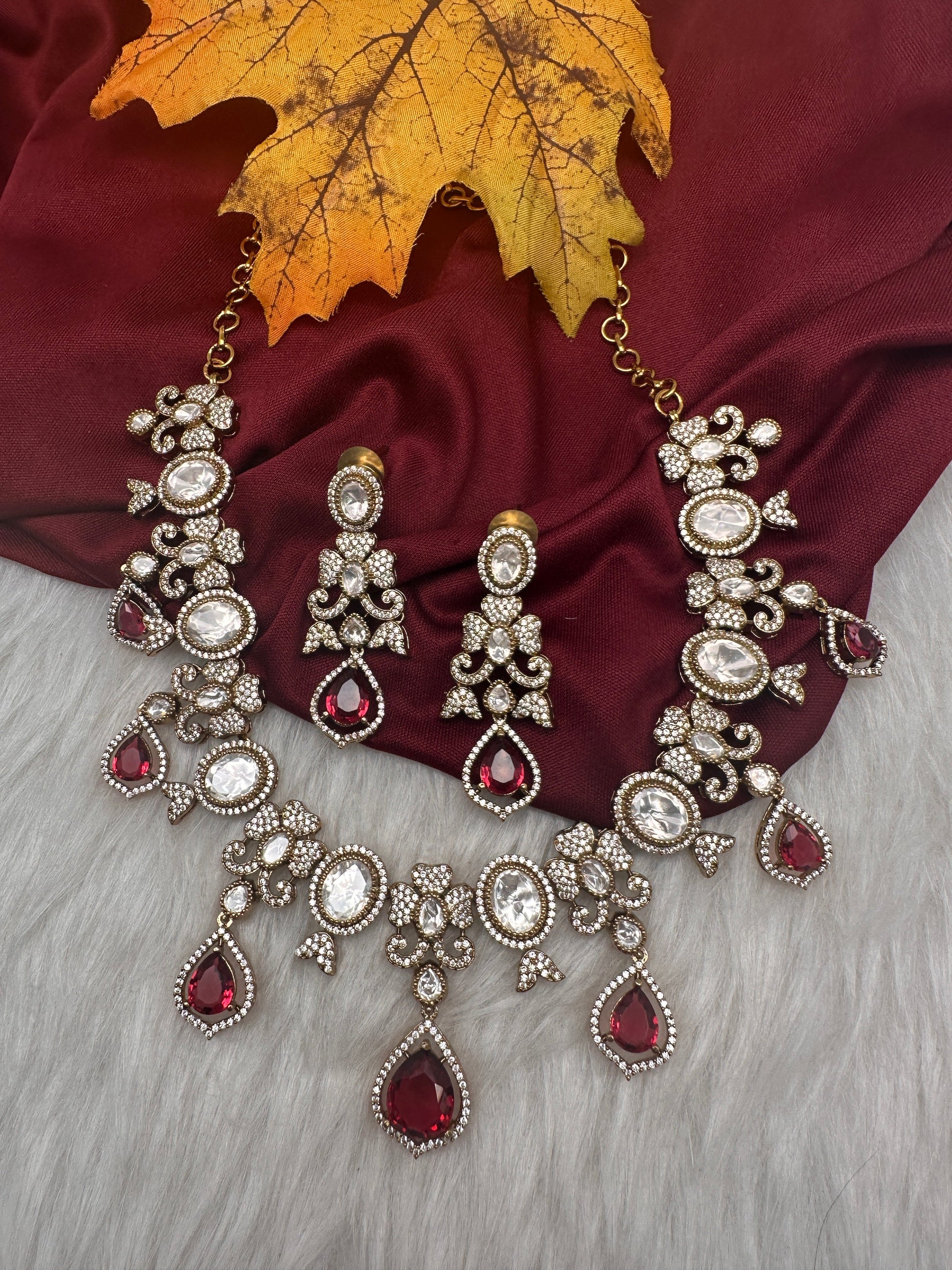 Moissanite  Victorian Color Stone CZ Neckline Necklace - Red
