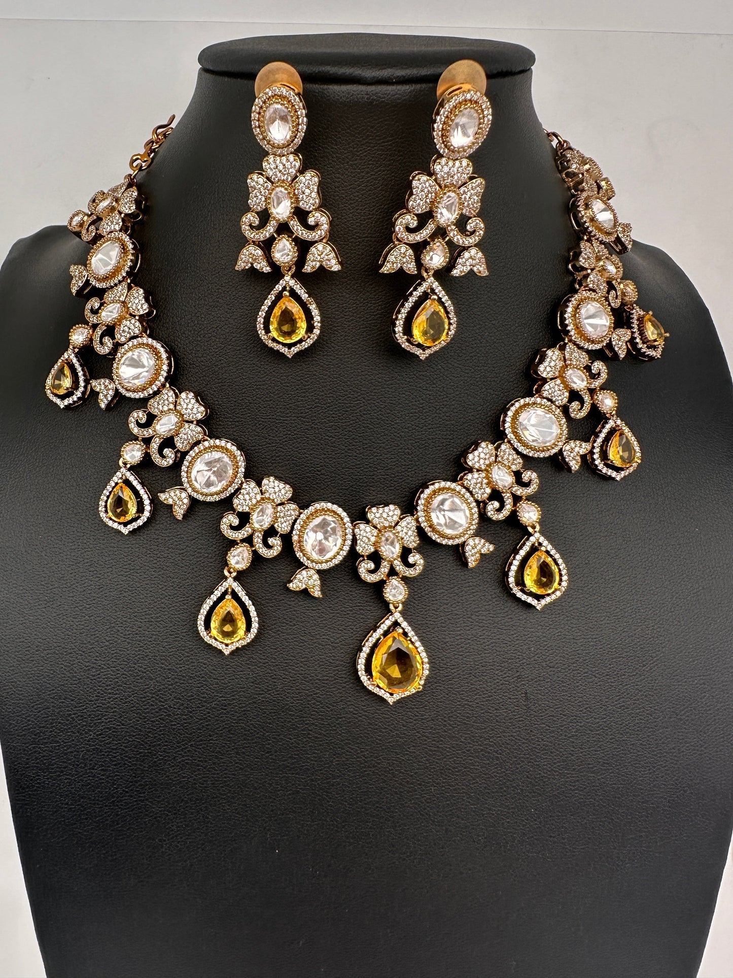 Moissanite  Victorian Color Stone CZ Neckline Necklace - Yellow