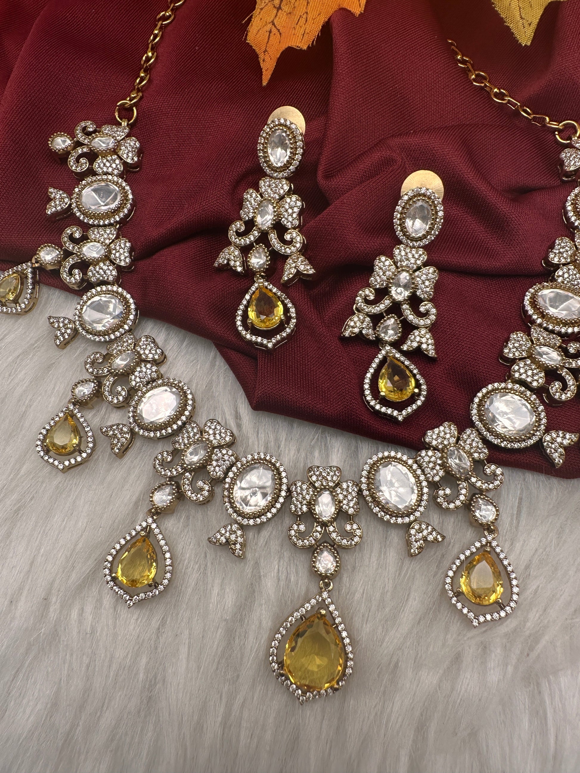Moissanite  Victorian Color Stone CZ Neckline Necklace - Yellow