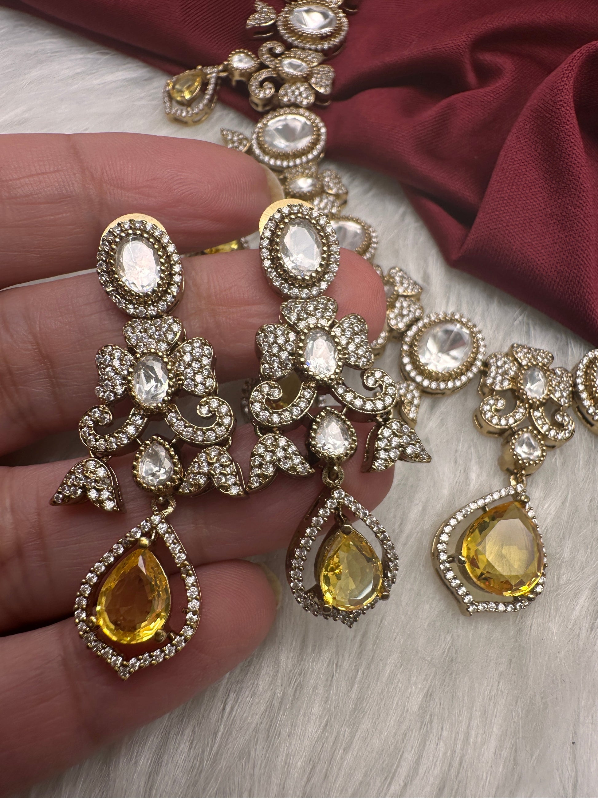 Moissanite  Victorian Color Stone CZ Neckline Necklace - Yellow