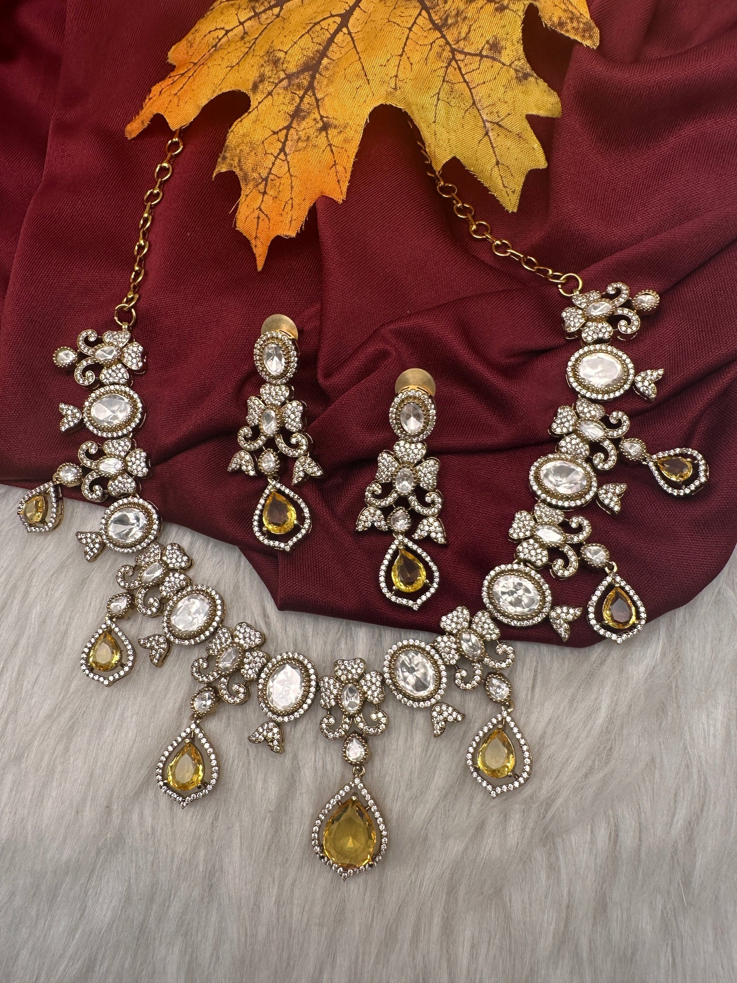 Moissanite  Victorian Color Stone CZ Neckline Necklace - Yellow