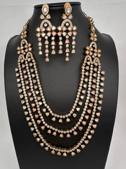 Multi Layer Teen Lada  Victorian Color Stone Statement Necklace - Pink