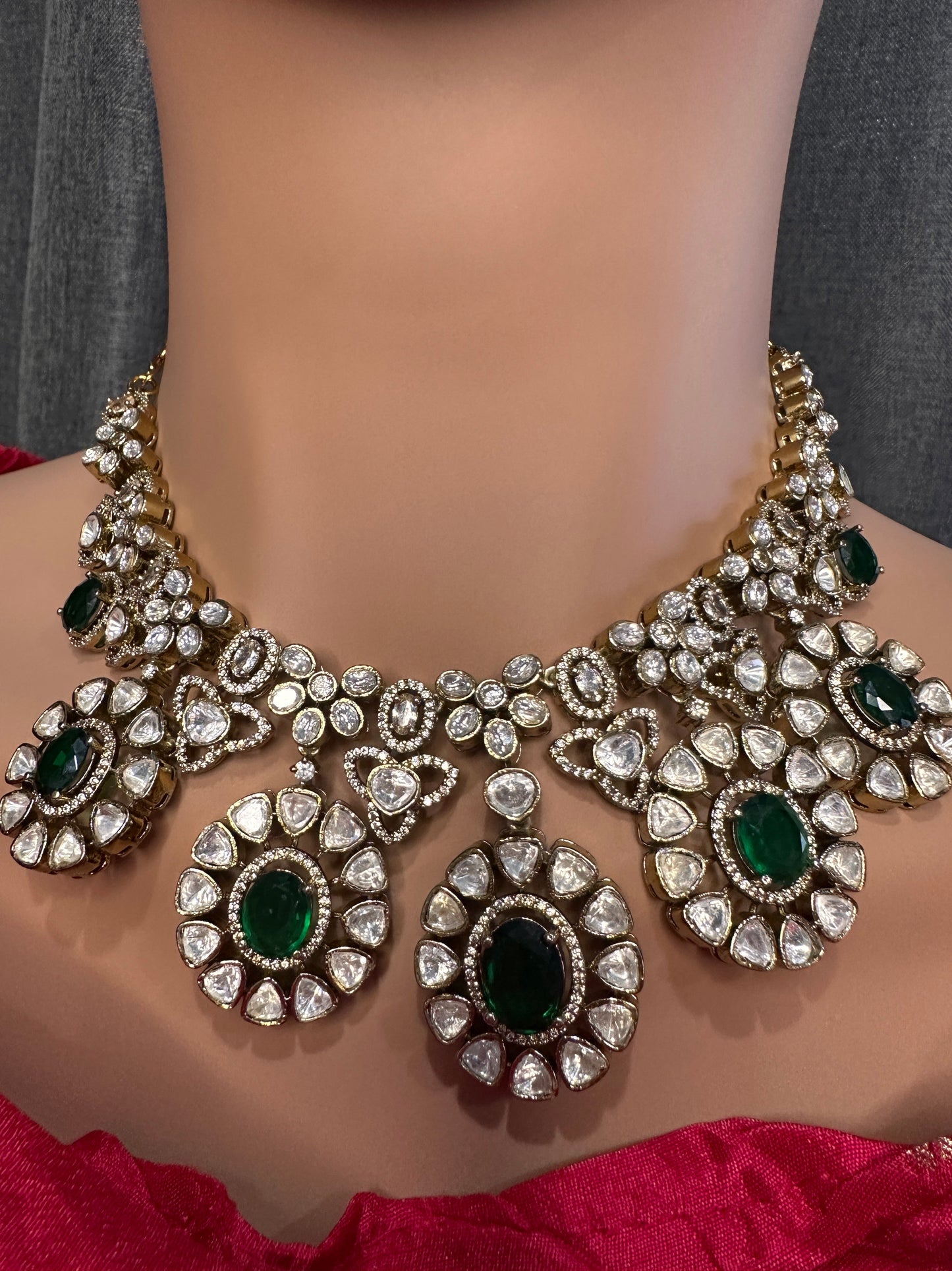 Moissanite Doublet Victorian Color Stone CZ Neckline Necklace - Green