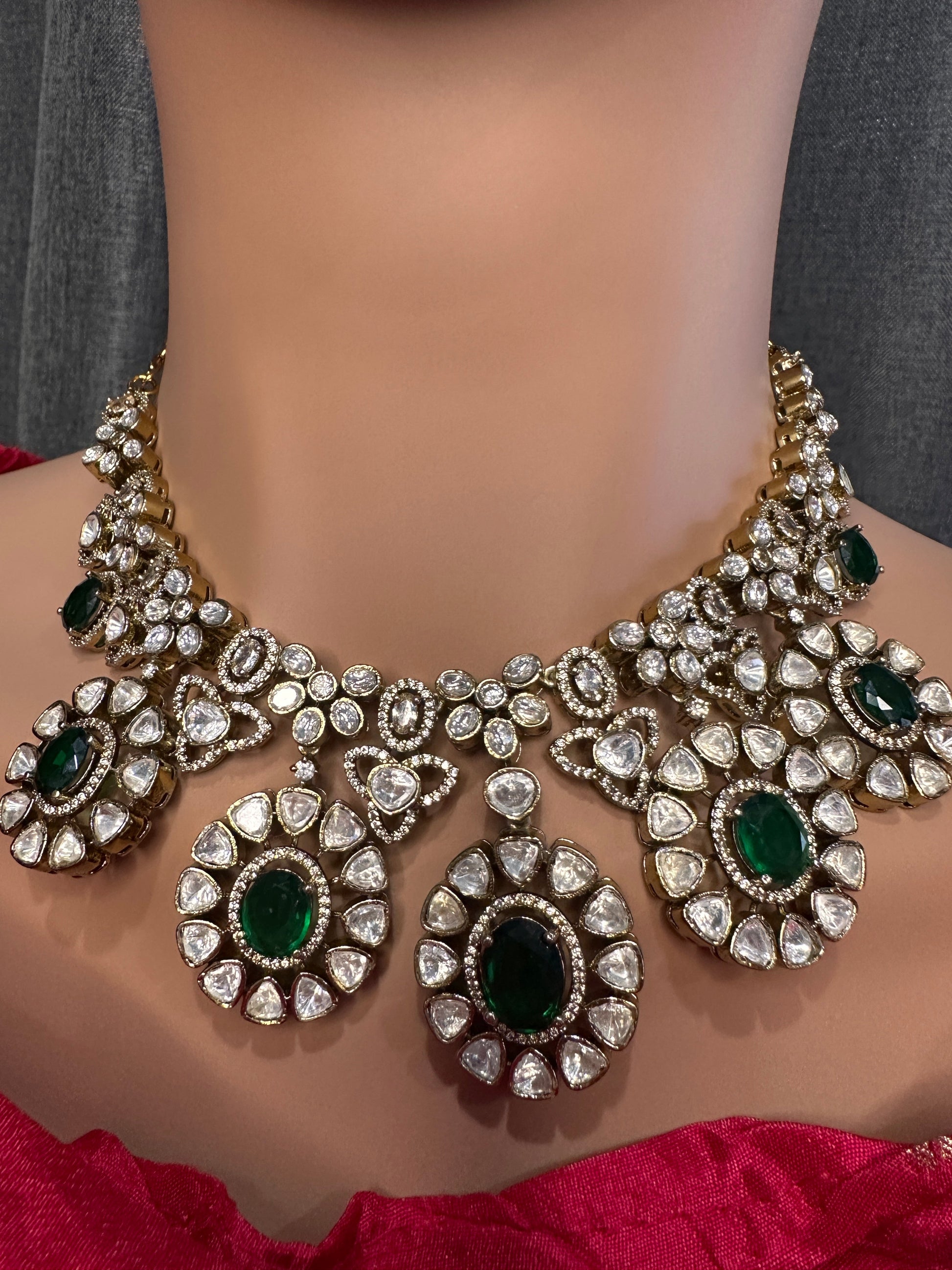 Moissanite Doublet Victorian Color Stone CZ Neckline Necklace - Green