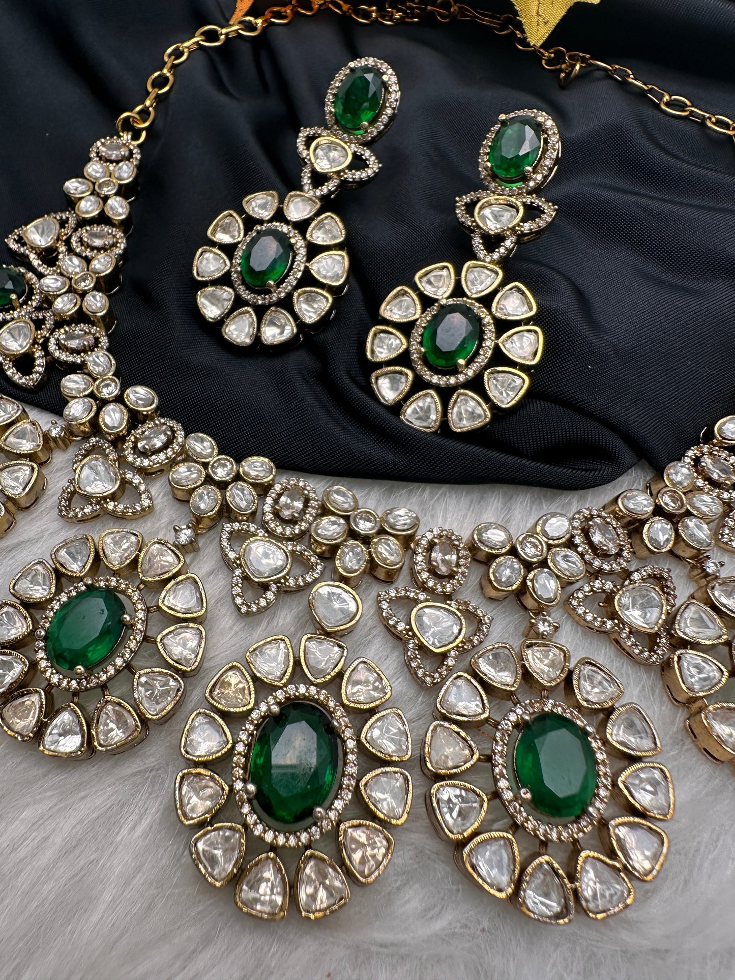 Moissanite Doublet Victorian Color Stone CZ Neckline Necklace - Green