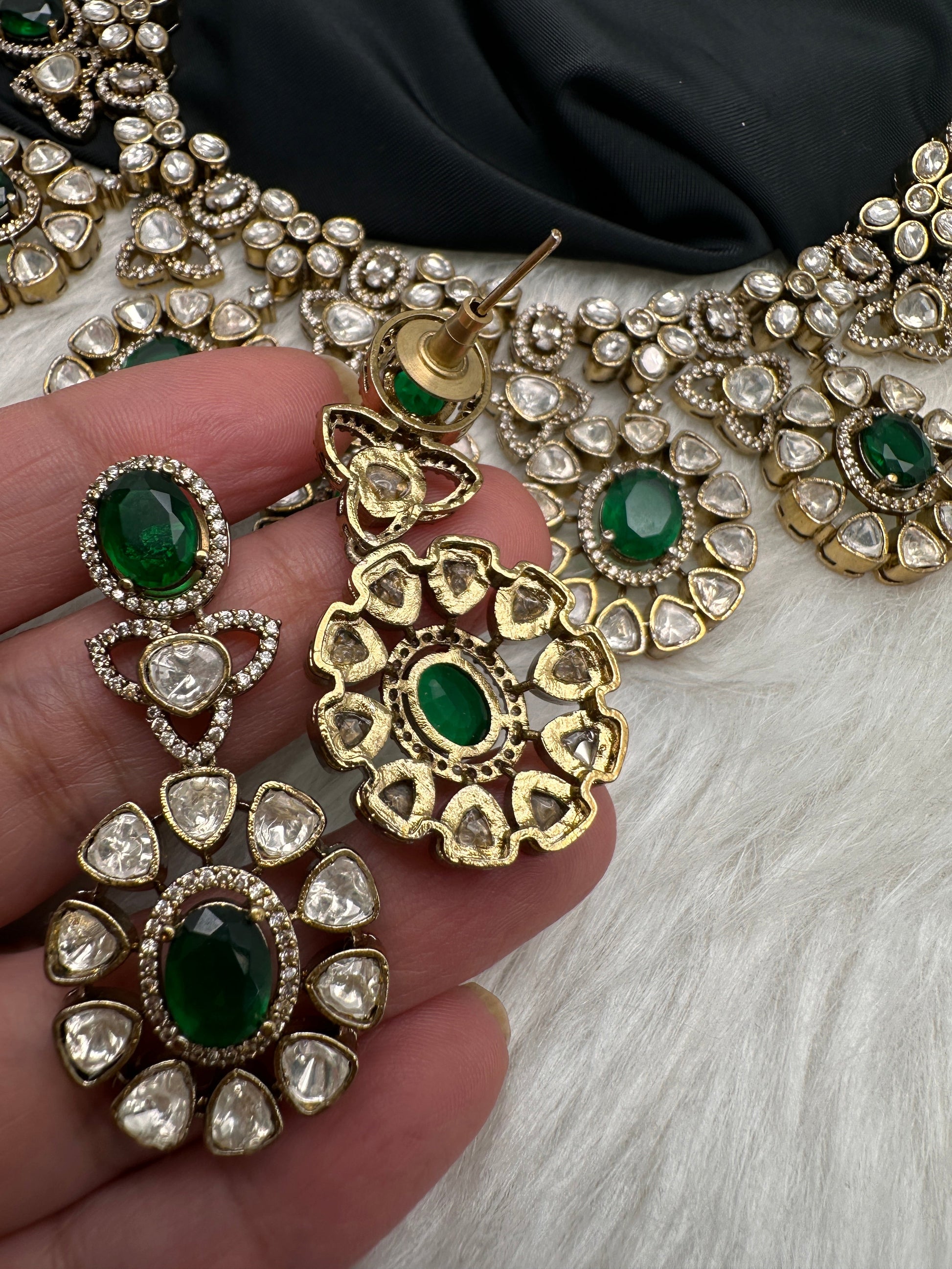 Moissanite Doublet Victorian Color Stone CZ Neckline Necklace - Green