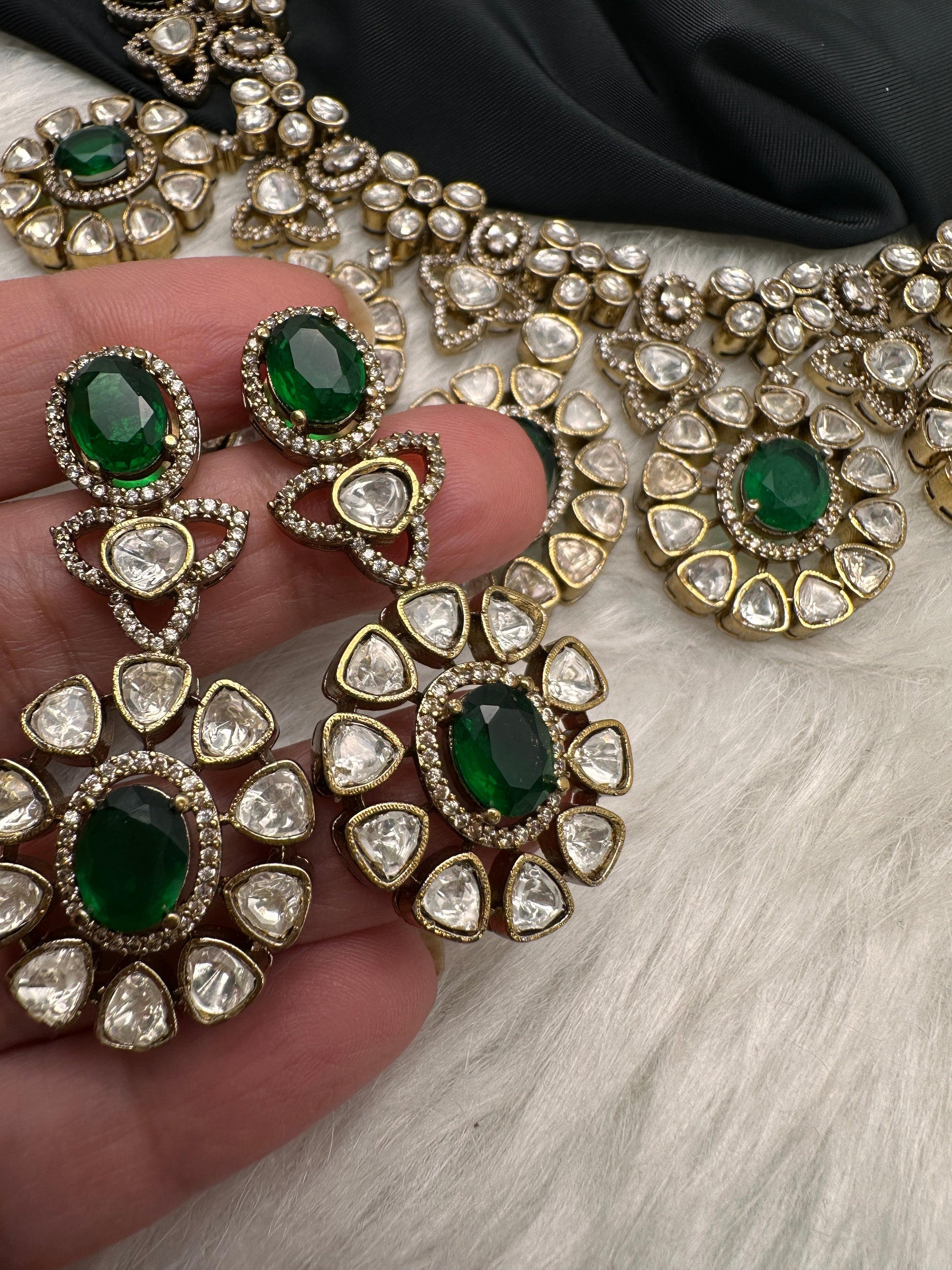 Moissanite Doublet Victorian Color Stone CZ Neckline Necklace - Green