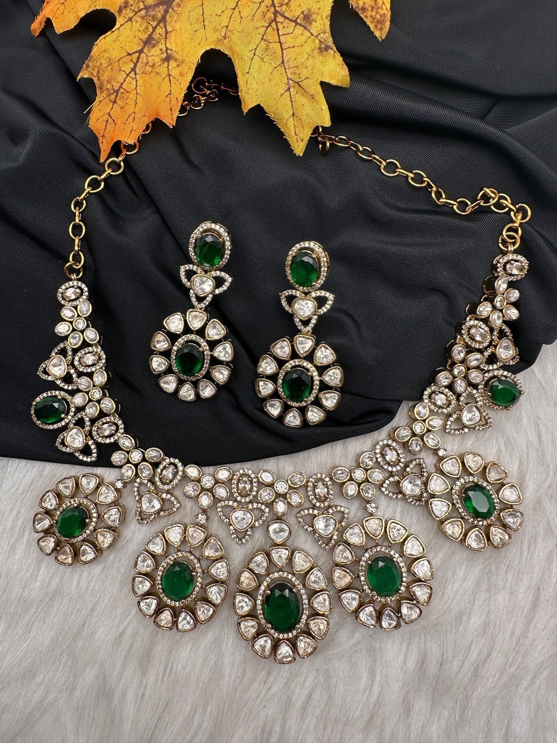 Moissanite Doublet Victorian Color Stone CZ Neckline Necklace - Green