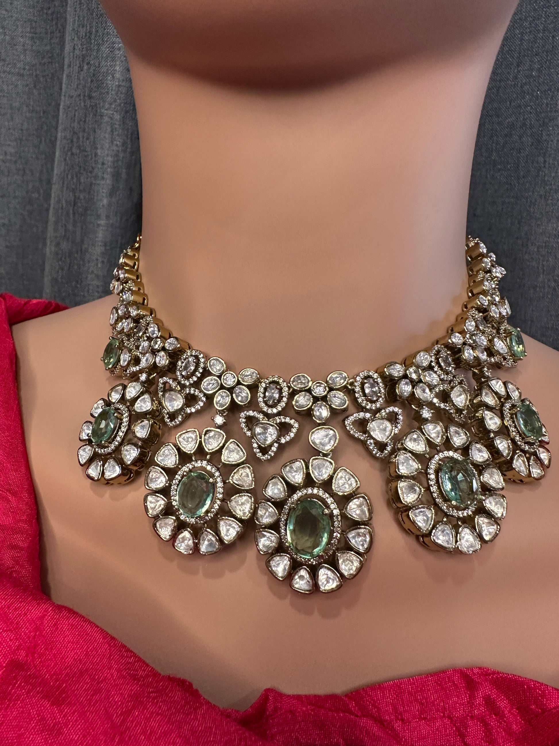 Moissanite Doublet Victorian Color Stone CZ Neckline Necklace - LightGreen