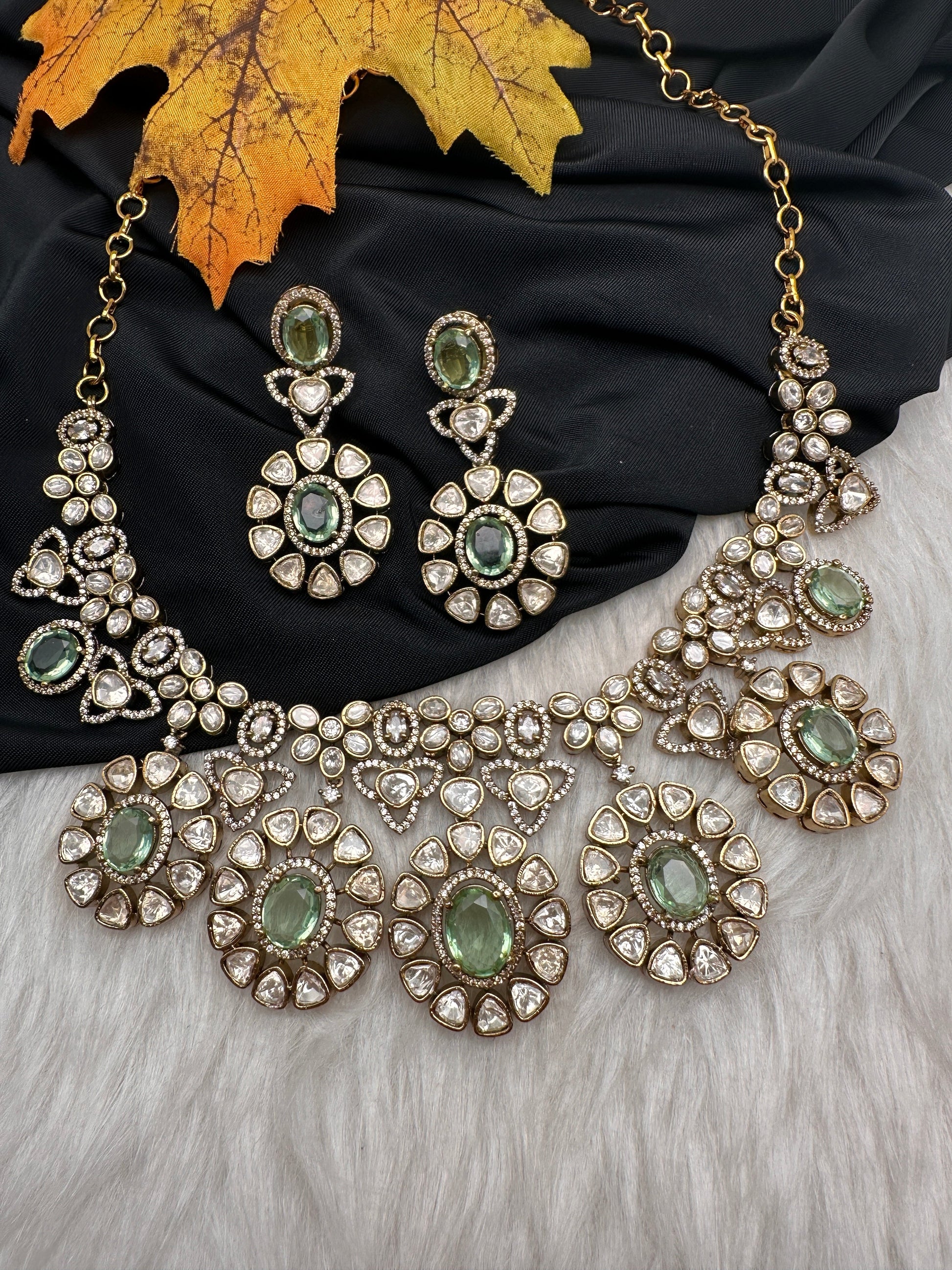 Moissanite Doublet Victorian Color Stone CZ Neckline Necklace - LightGreen