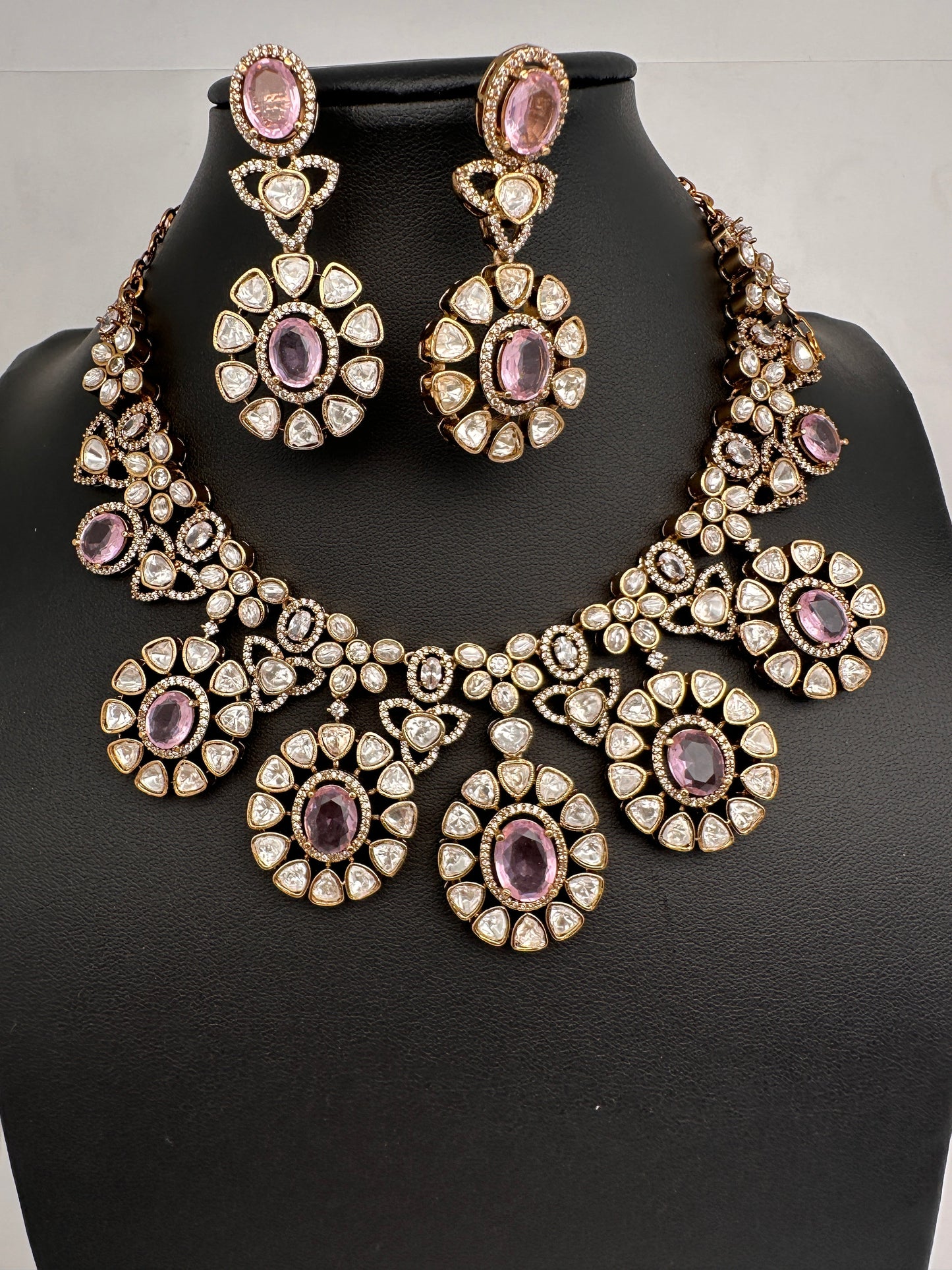 Moissanite Doublet Victorian Color Stone CZ Neckline Necklace - Pink