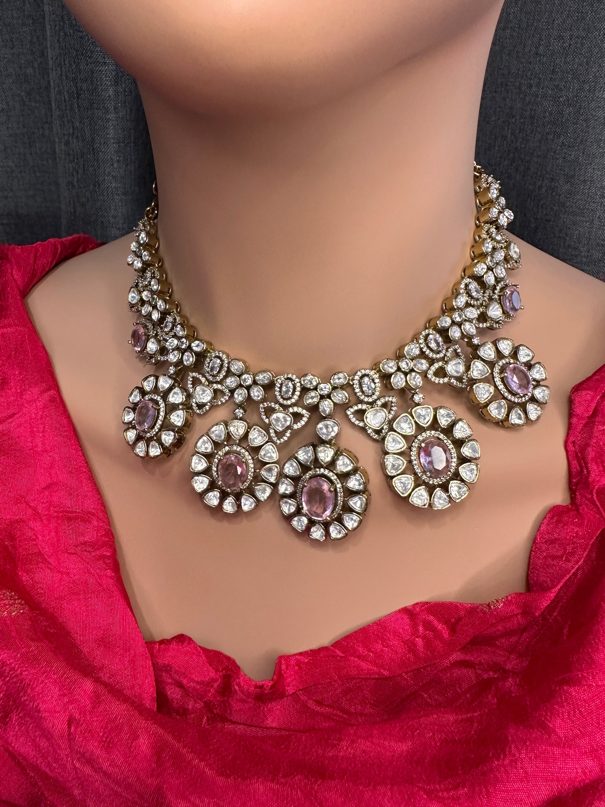 Moissanite Doublet Victorian Color Stone CZ Neckline Necklace - Pink