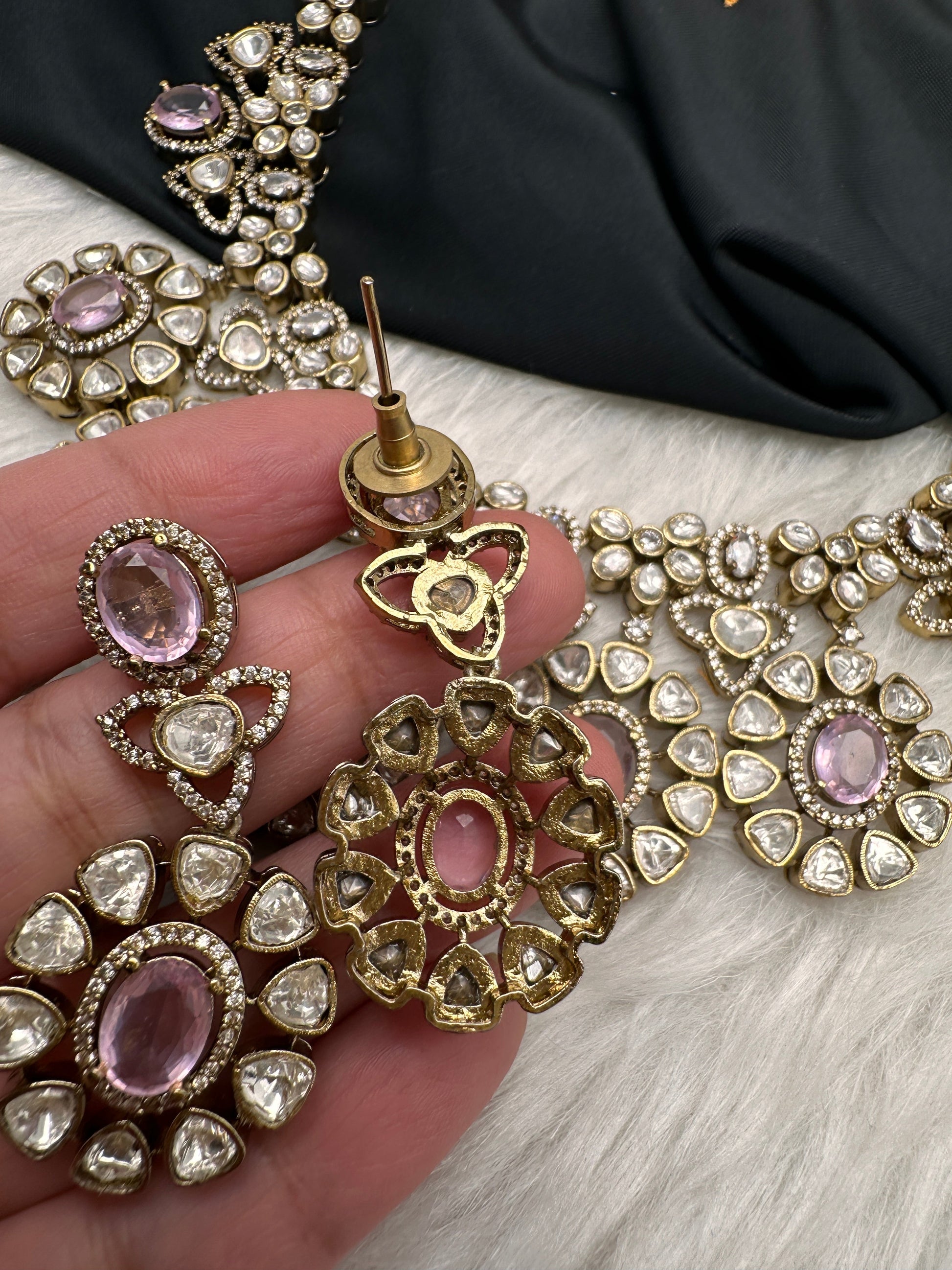 Moissanite Doublet Victorian Color Stone CZ Neckline Necklace - Pink