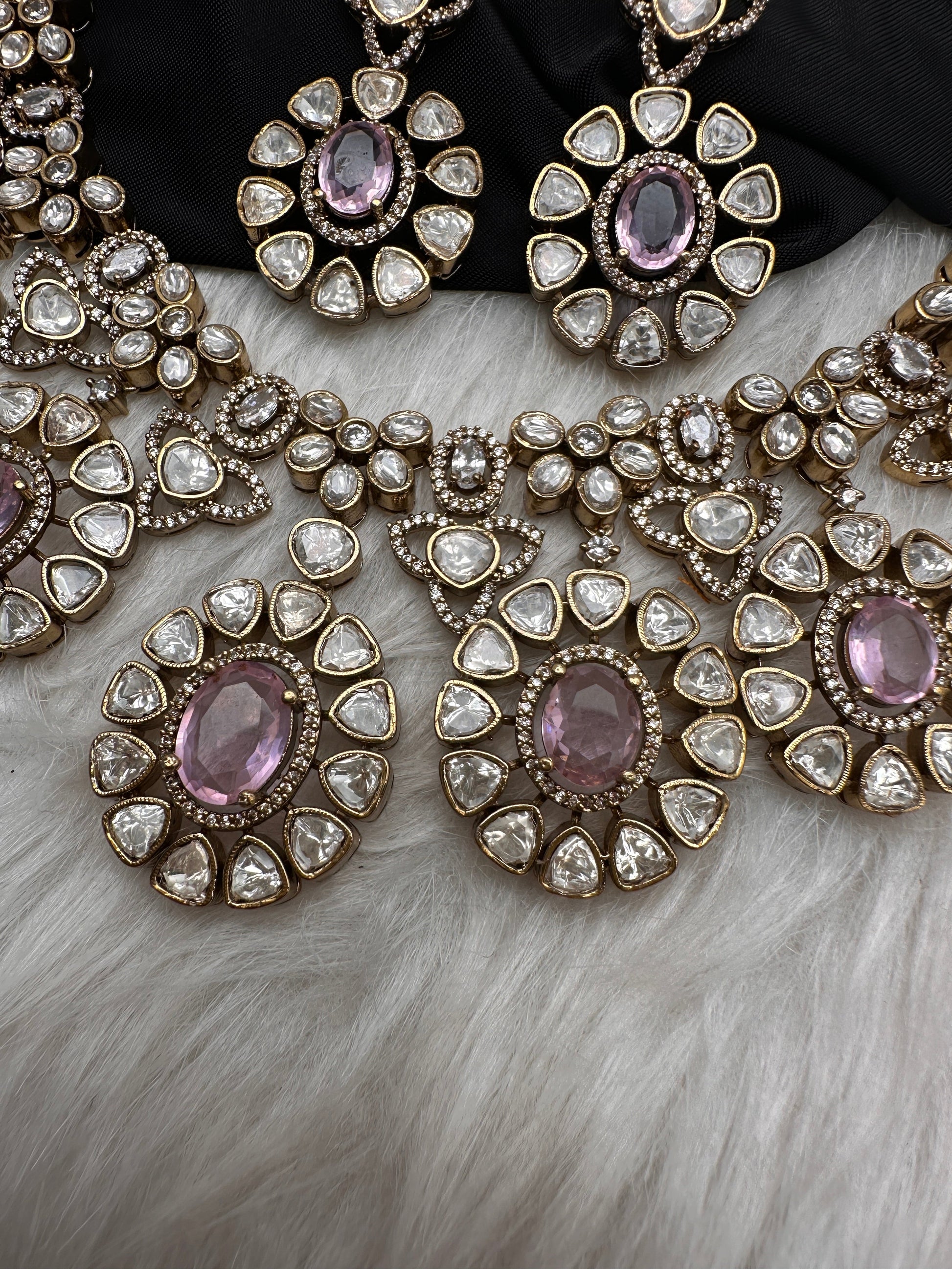 Moissanite Doublet Victorian Color Stone CZ Neckline Necklace - Pink