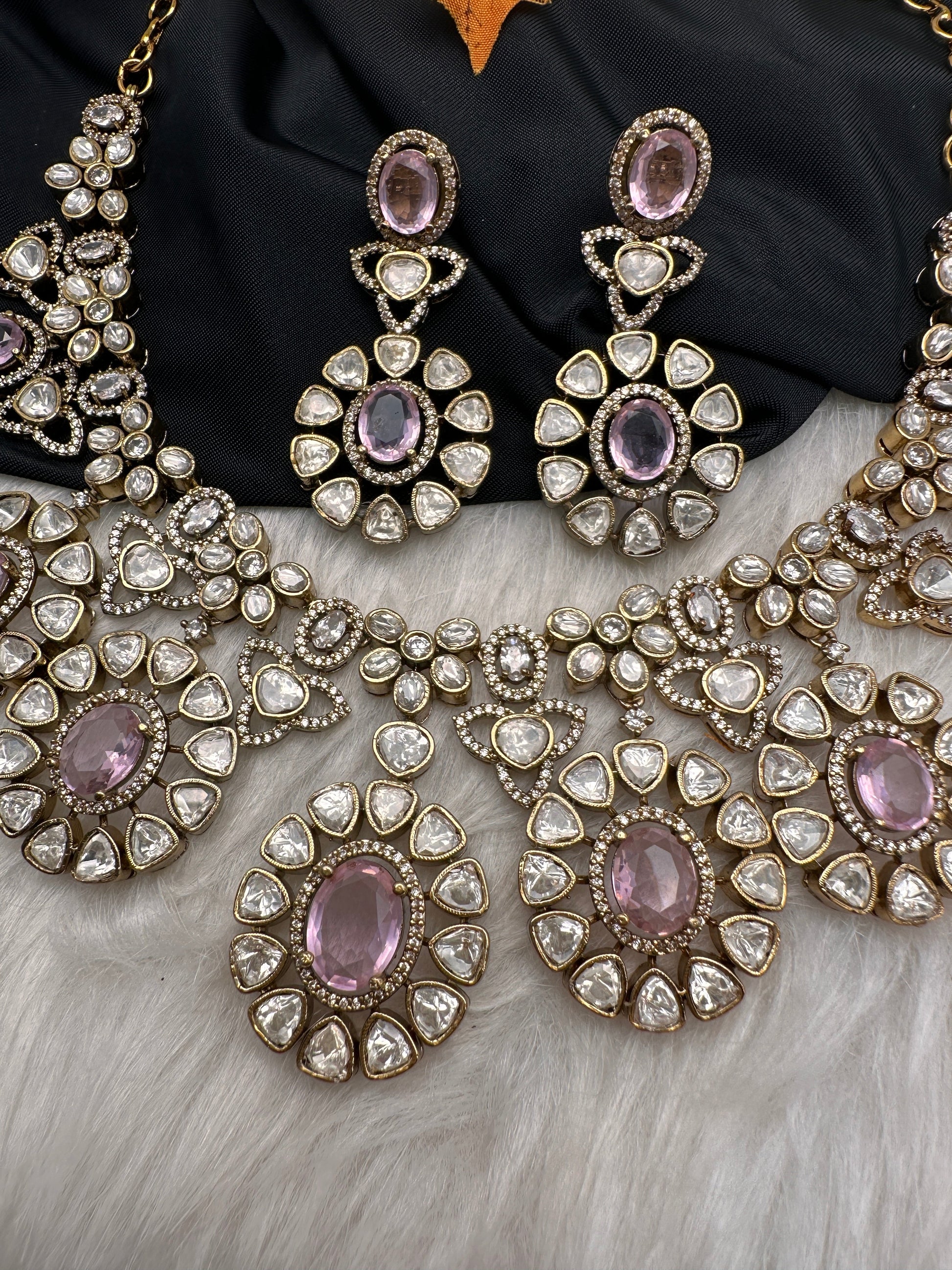 Moissanite Doublet Victorian Color Stone CZ Neckline Necklace - Pink