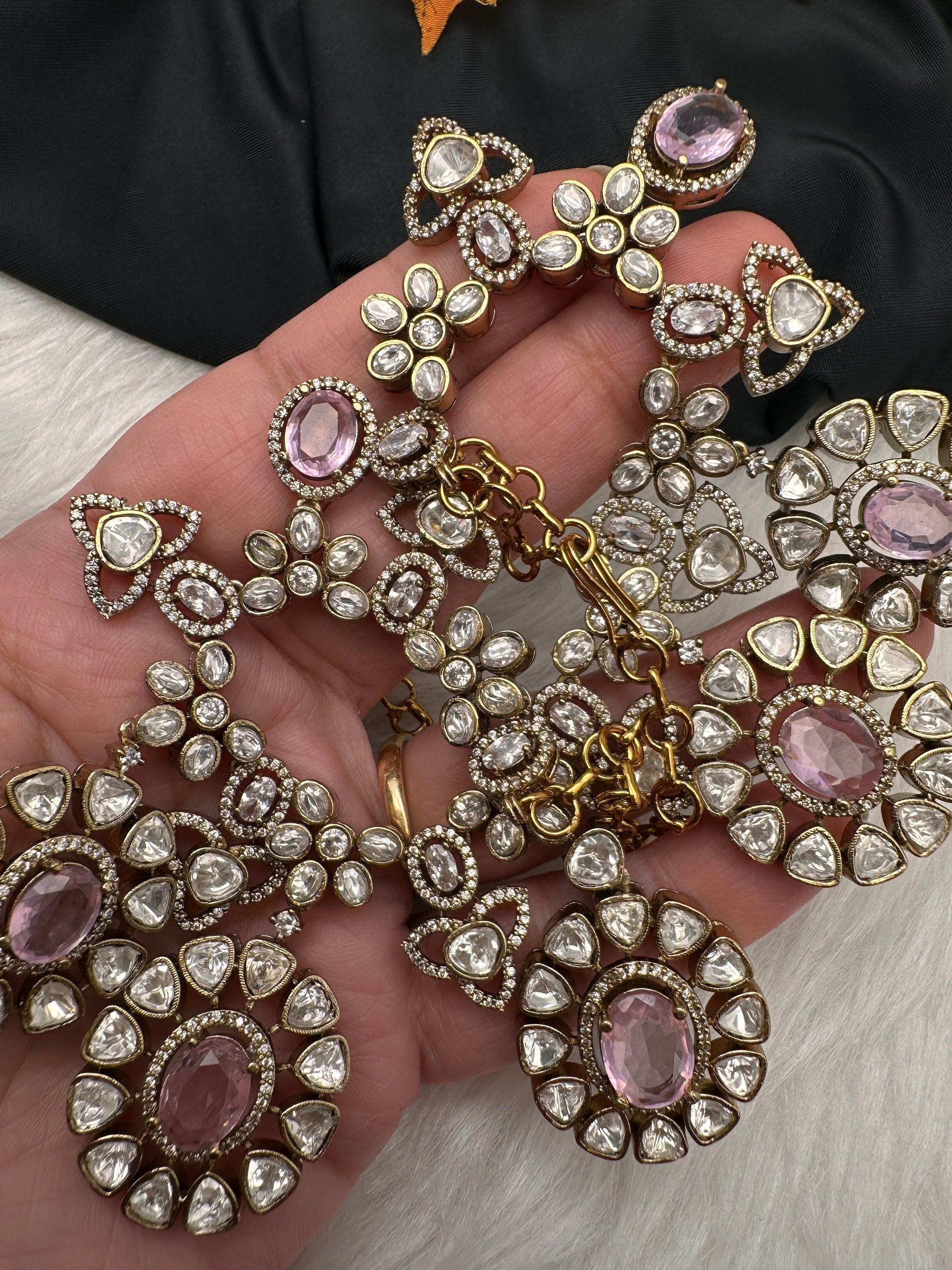 Moissanite Doublet Victorian Color Stone CZ Neckline Necklace - Pink
