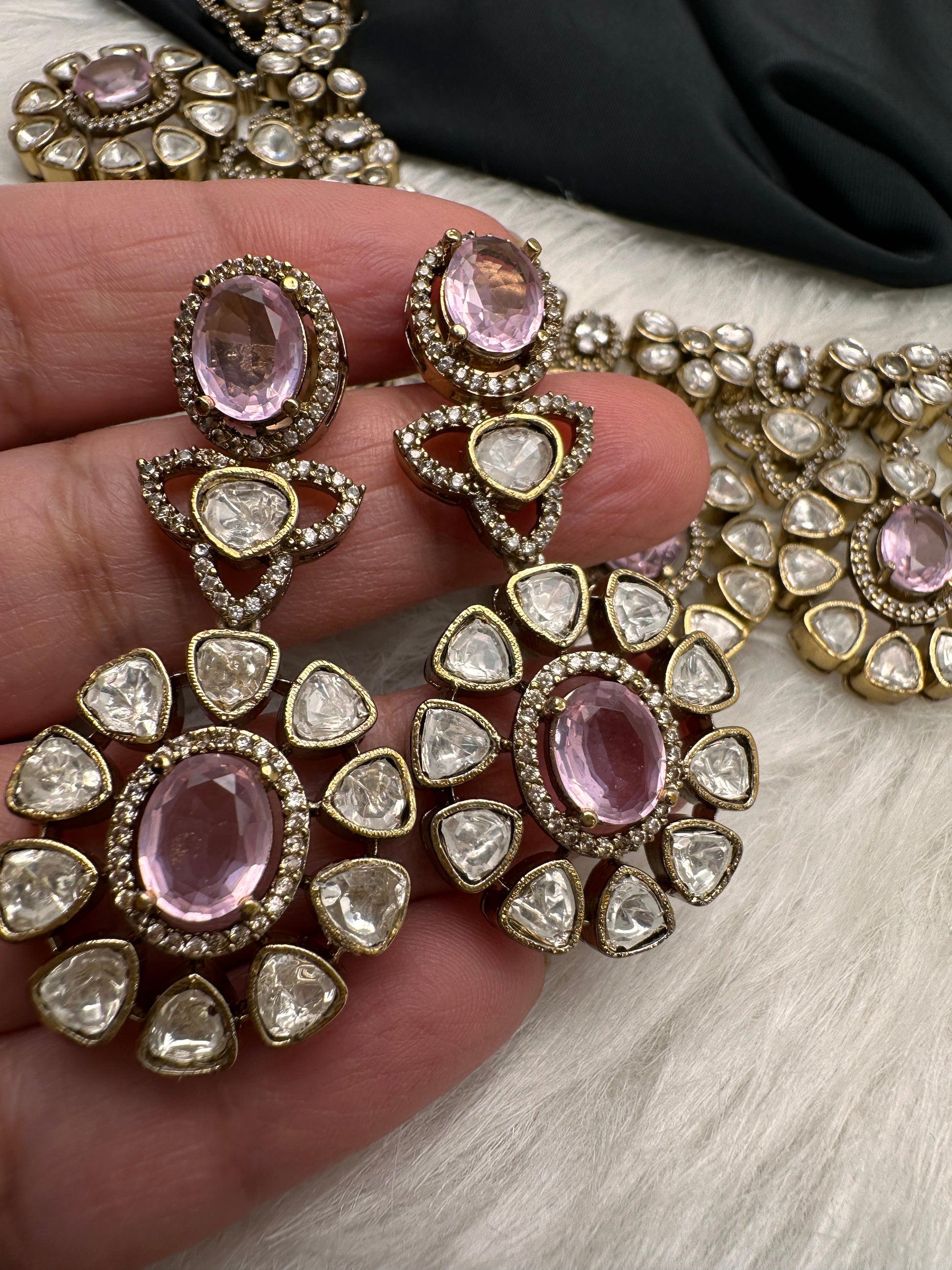 Moissanite Doublet Victorian Color Stone CZ Neckline Necklace - Pink