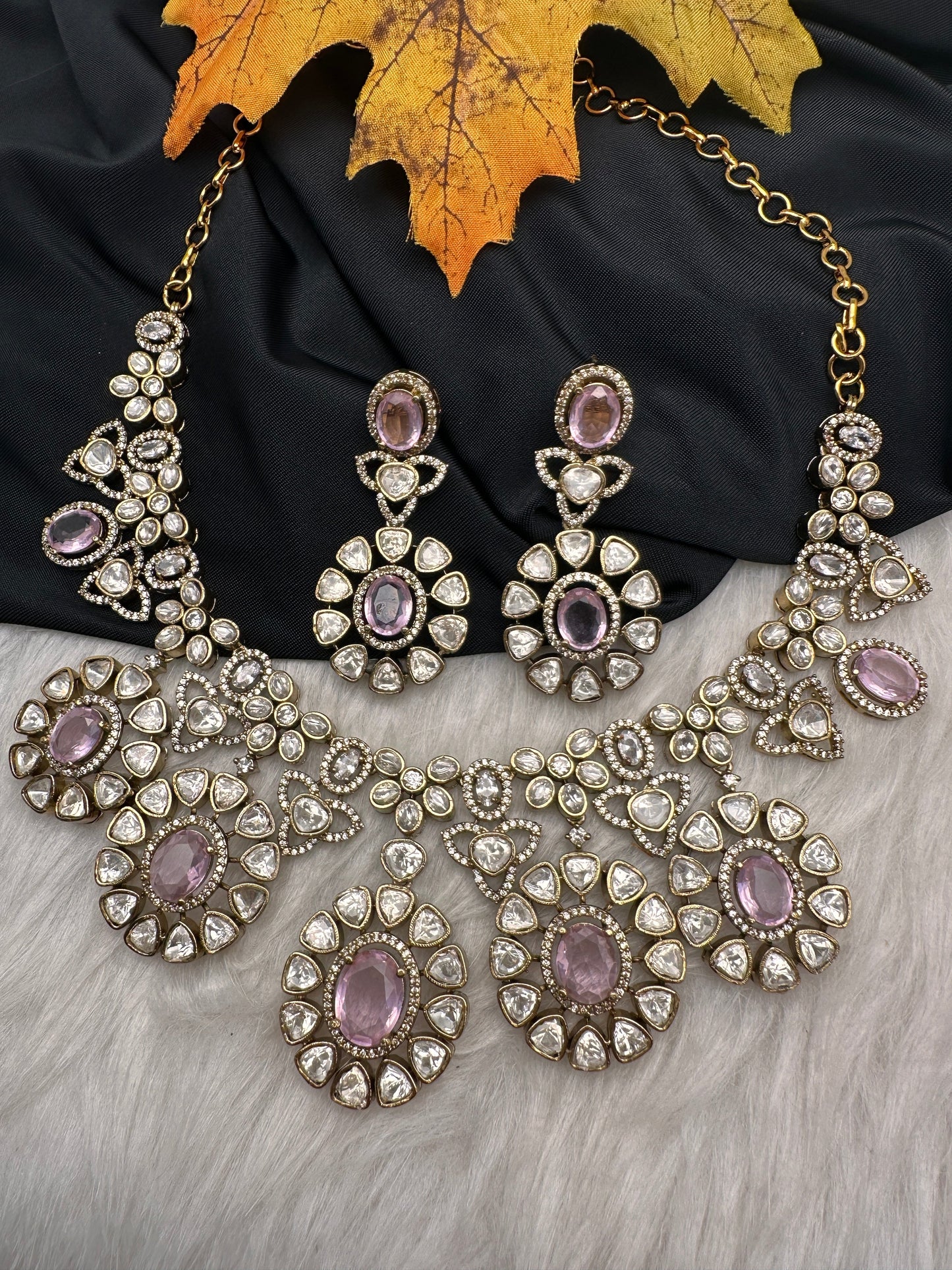 Moissanite Doublet Victorian Color Stone CZ Neckline Necklace - Pink