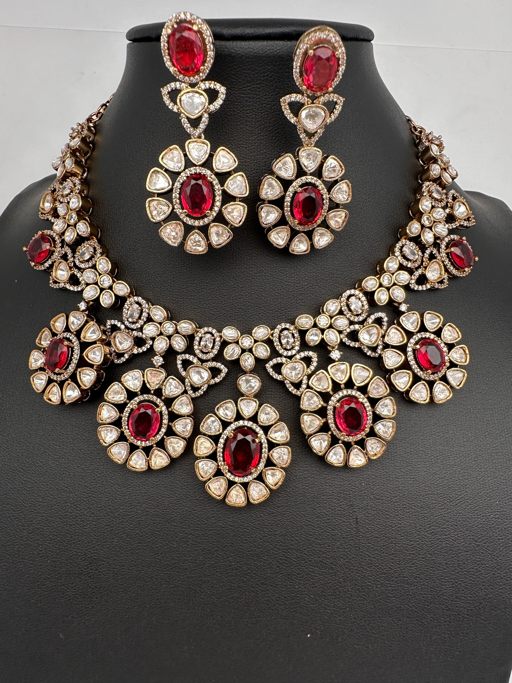 Moissanite Doublet Victorian Color Stone CZ Neckline Necklace - Red