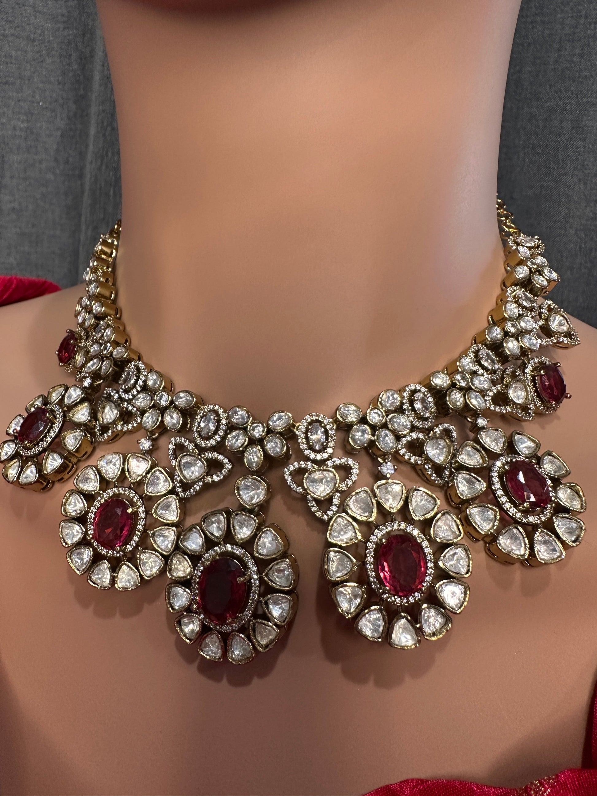 Moissanite Doublet Victorian Color Stone CZ Neckline Necklace - Red