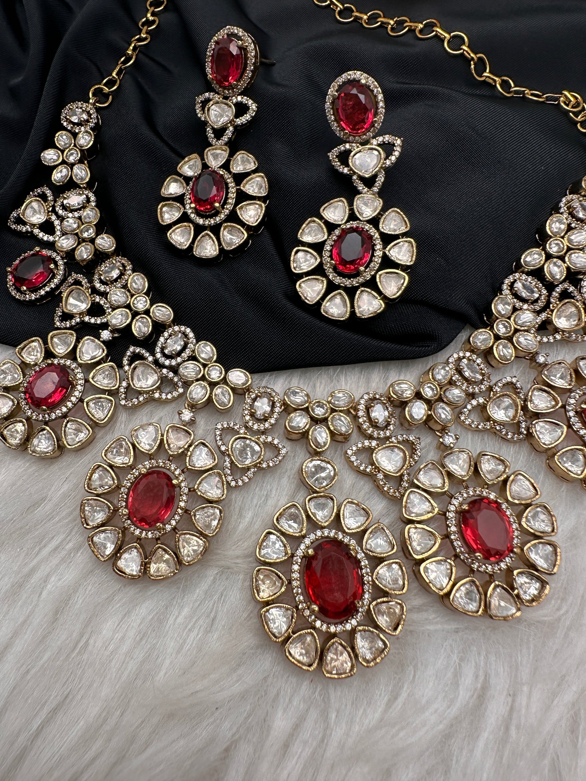 Moissanite Doublet Victorian Color Stone CZ Neckline Necklace - Red