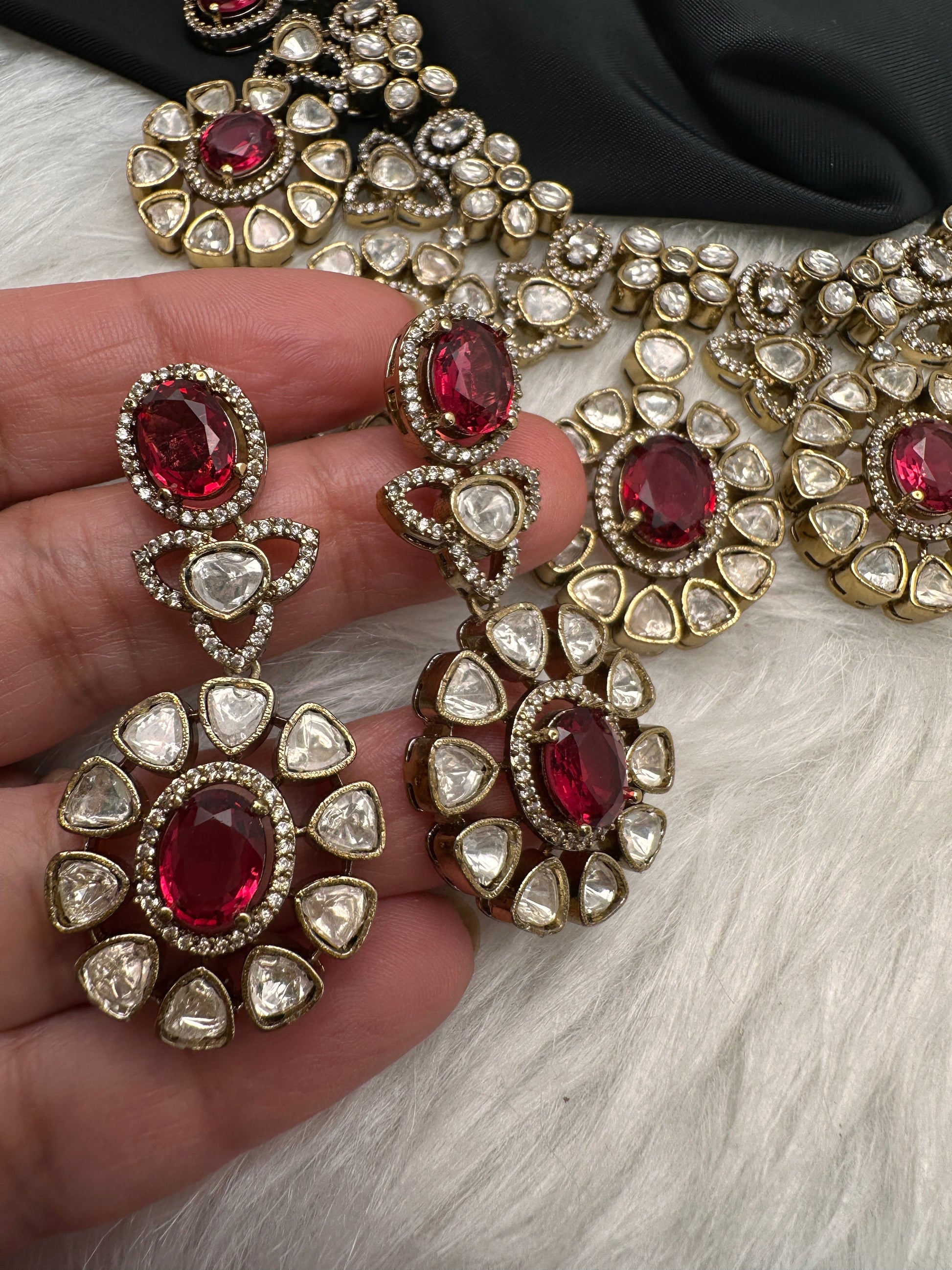 Moissanite Doublet Victorian Color Stone CZ Neckline Necklace - Red