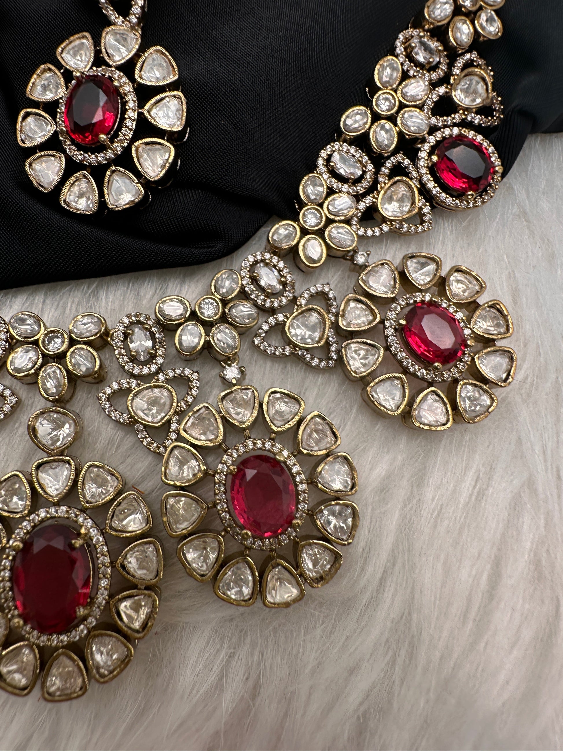Moissanite Doublet Victorian Color Stone CZ Neckline Necklace - Red