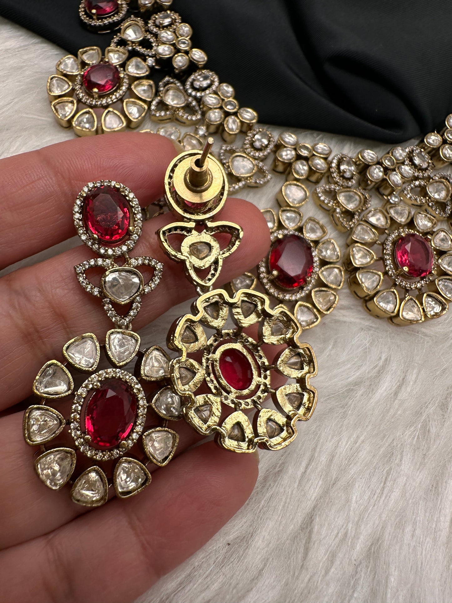 Moissanite Doublet Victorian Color Stone CZ Neckline Necklace - Red