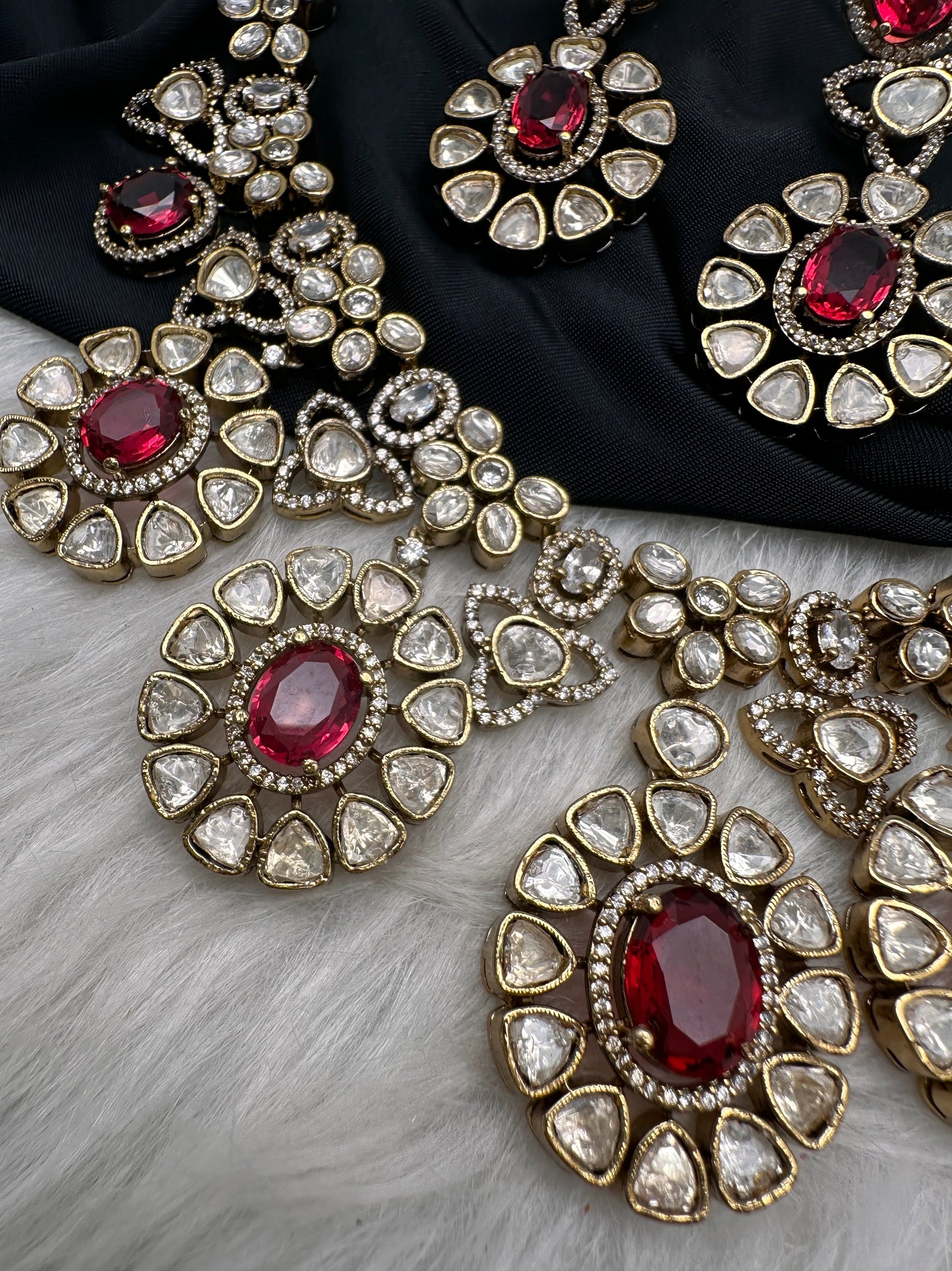 Moissanite Doublet Victorian Color Stone CZ Neckline Necklace - Red