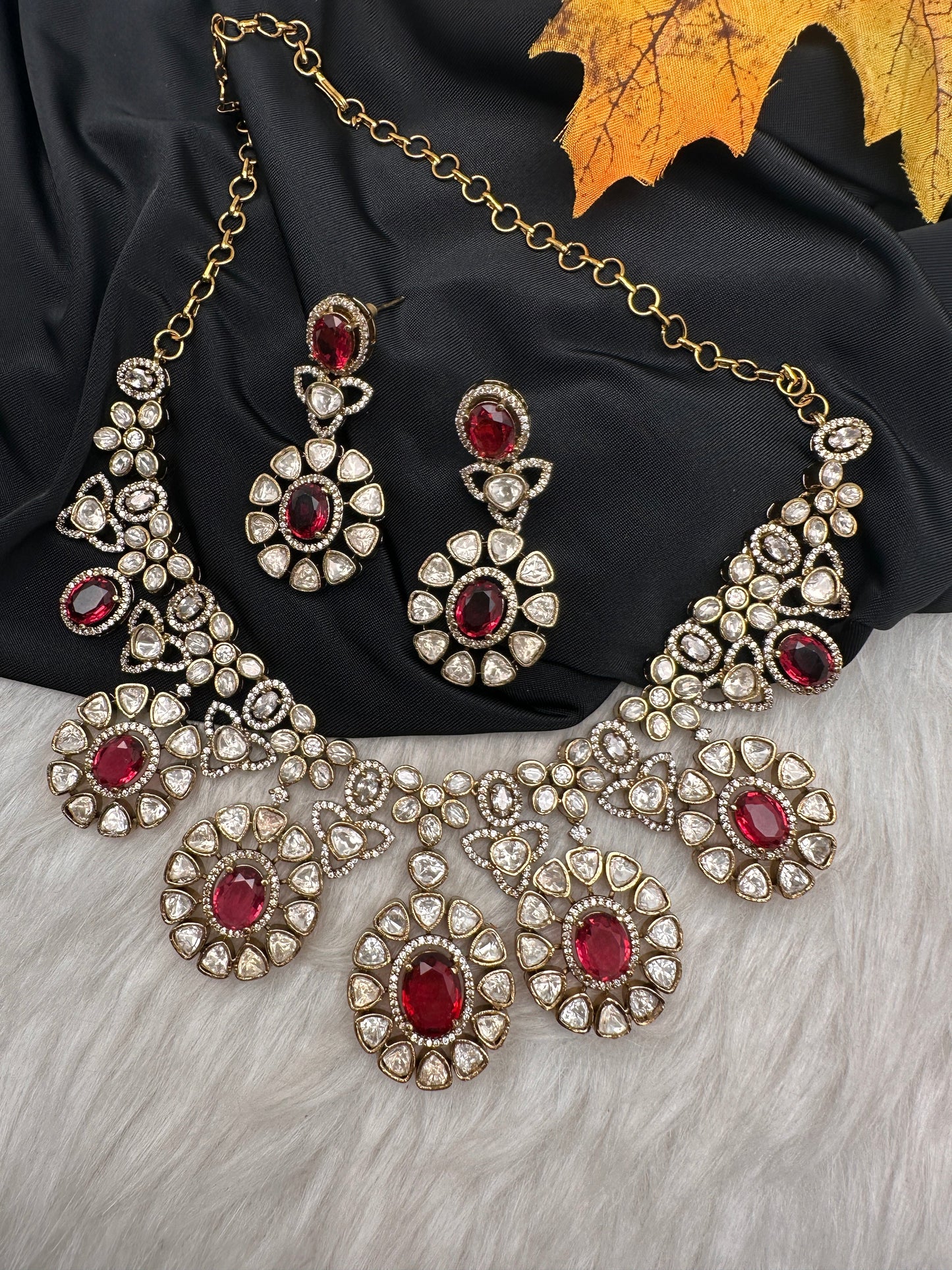 Moissanite Doublet Victorian Color Stone CZ Neckline Necklace - Red