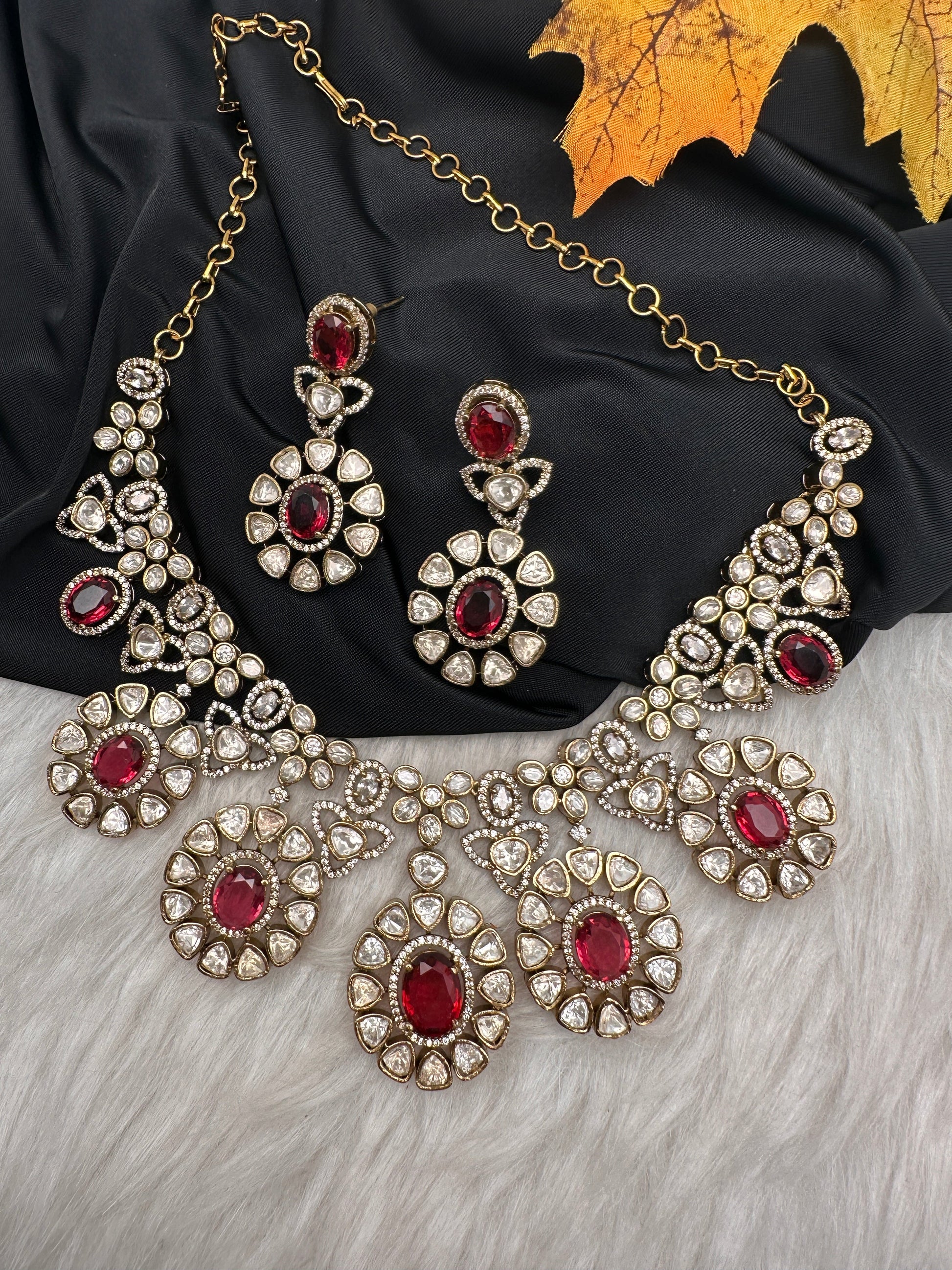 Moissanite Doublet Victorian Color Stone CZ Neckline Necklace - Red