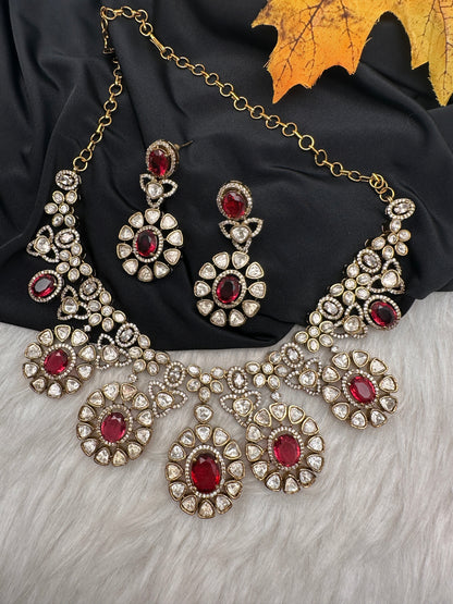 Moissanite Doublet Victorian Color Stone CZ Neckline Necklace - Red