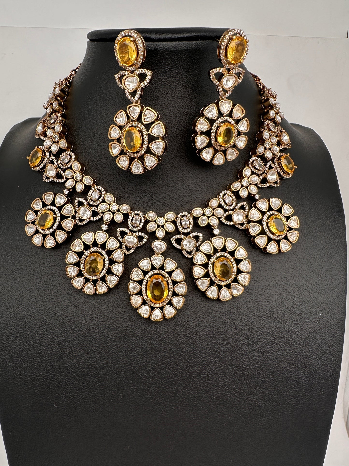 Moissanite Doublet Victorian Color Stone CZ Neckline Necklace - Yellow