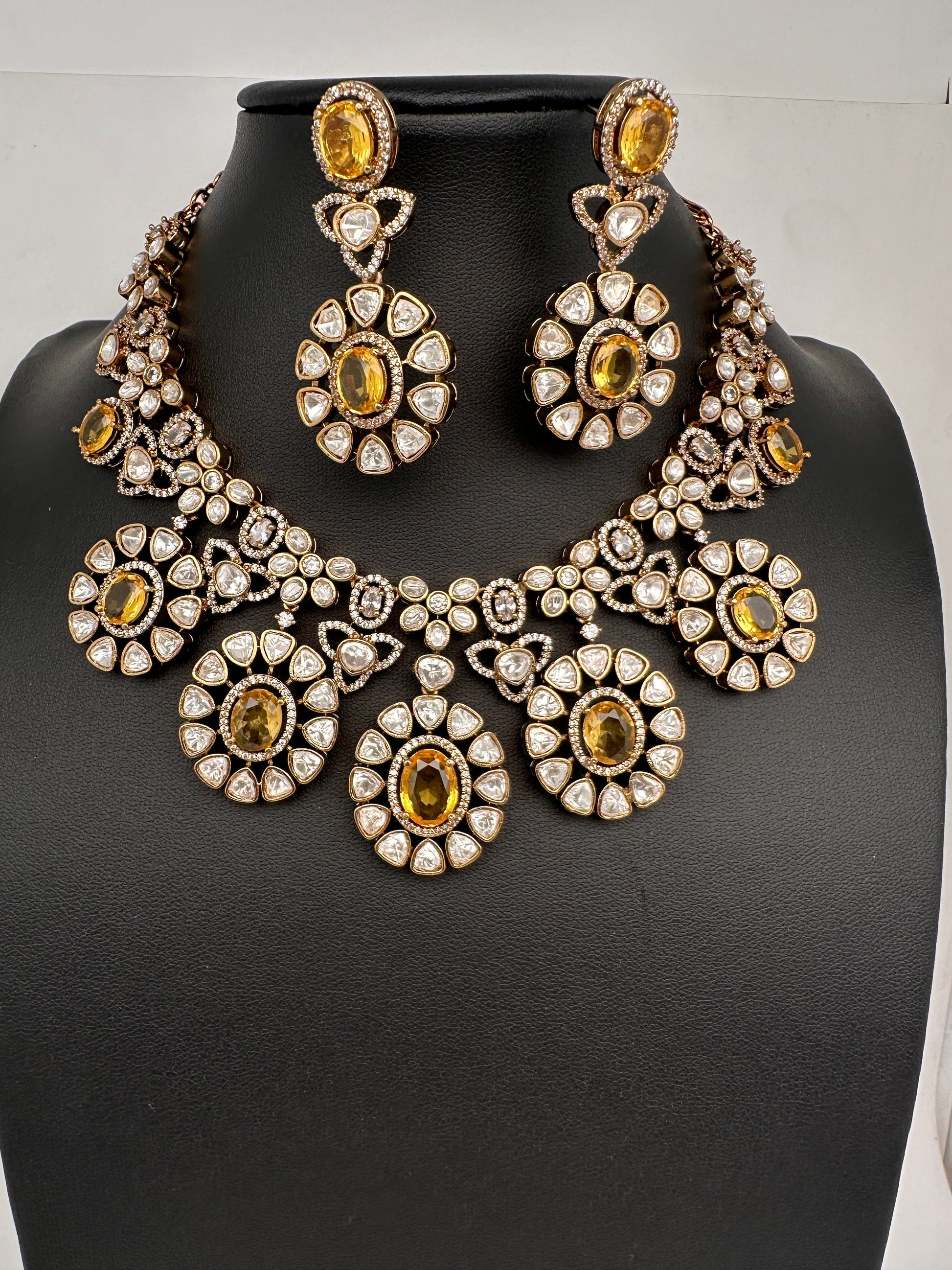 Moissanite Doublet Victorian Color Stone CZ Neckline Necklace - Yellow