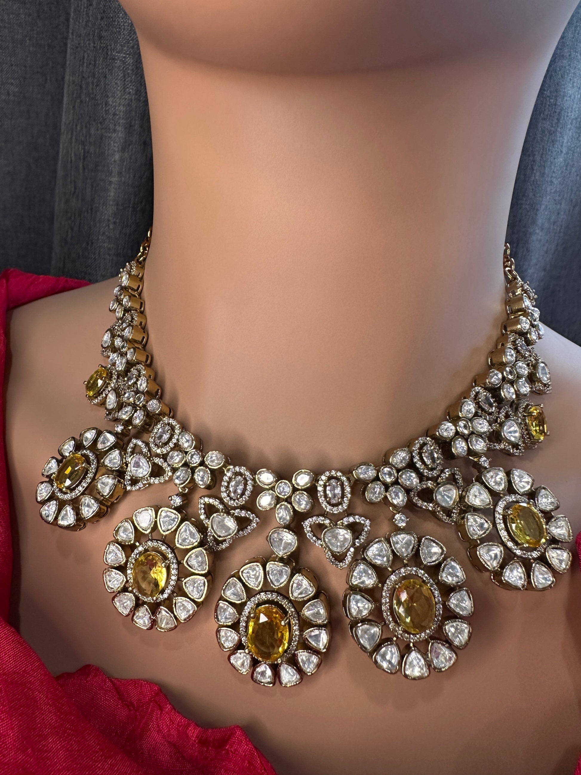 Moissanite Doublet Victorian Color Stone CZ Neckline Necklace - Yellow